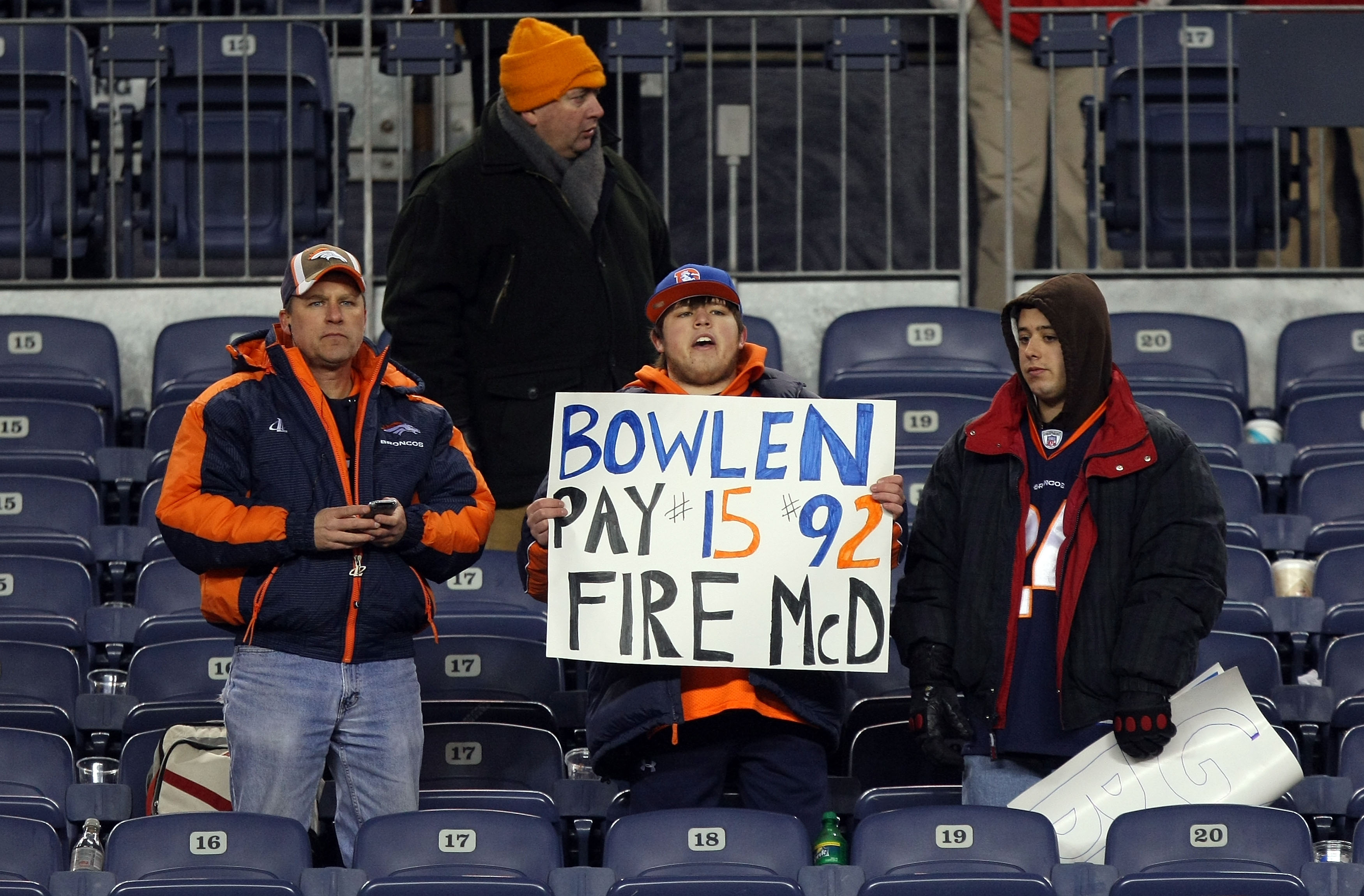 DENVER - JANUARY 03: A Broncos fan holds a sign expressing his sentiments about head coach Josh McDaniels of the Denver Broncos as the Broncos were defeated by the Kansas City Chiefs at Invesco Field at Mile High on January 3, 2010 in Denver, Colorado. (P
