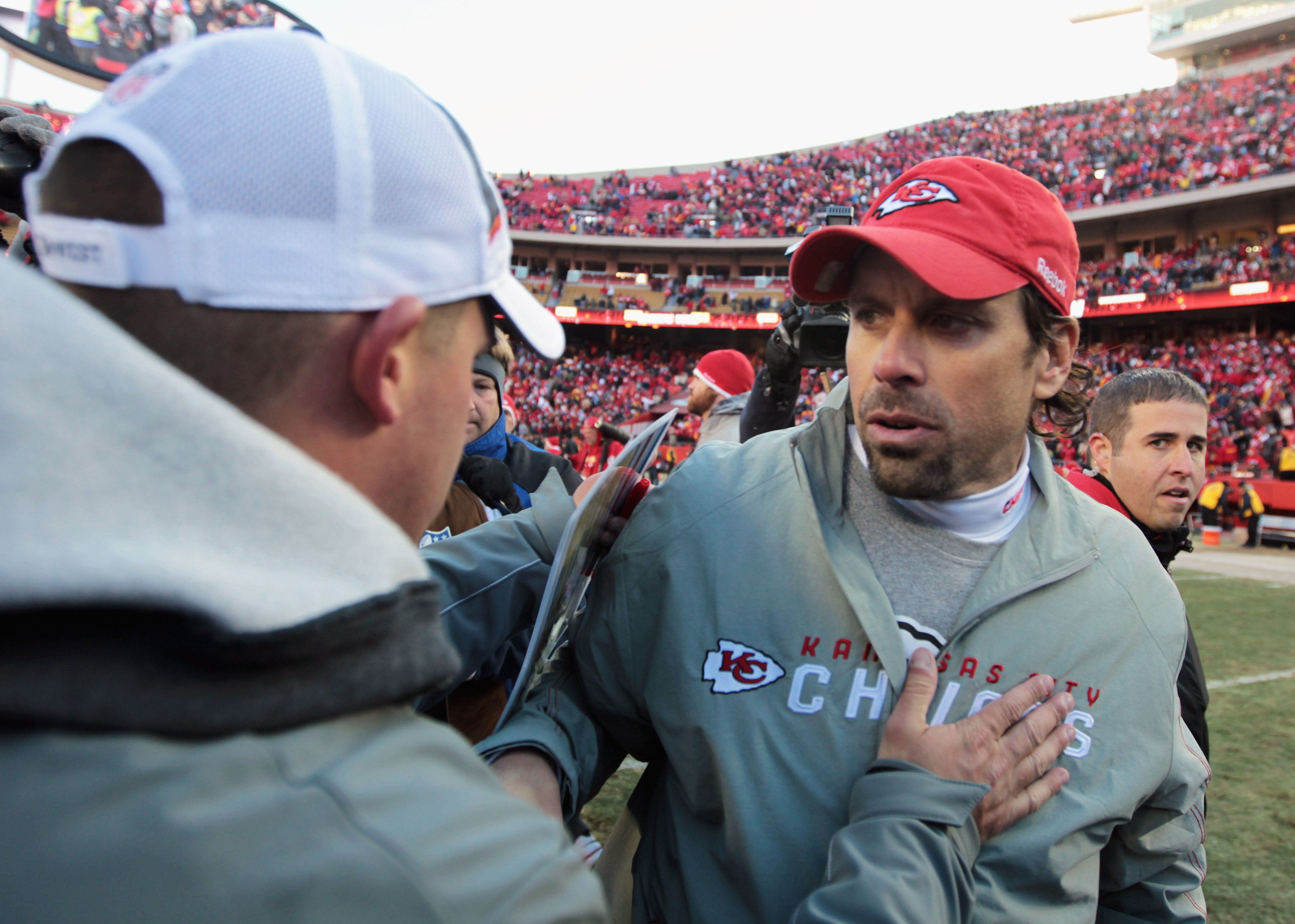 KANSAS CITY, MO - DECEMBER 05:  Head coach Todd Haley of the Kansas City Chiefs shakes hands with head coach Josh McDaniels of the Denver Broncos following the game on December 5, 2010 at Arrowhead Stadium in Kansas City, Missouri.  (Photo by Jamie Squire