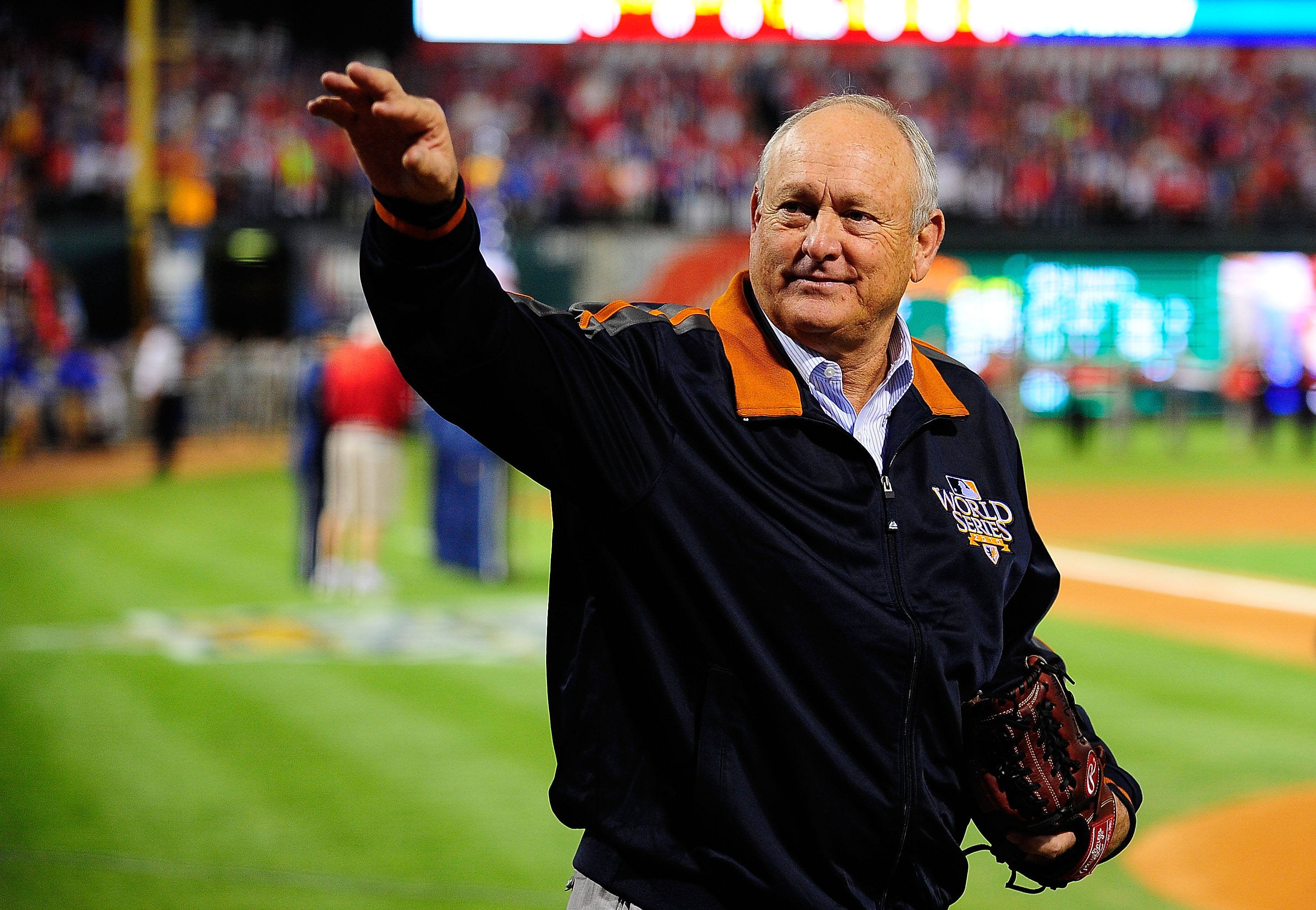 ARLINGTON, TX - OCTOBER 31:  Hall of Famer and Team President Nolan Ryan of the Texas Rangers waves to the crowd before the Rangers take on the San Francisco Giants in Game Four of the 2010 MLB World Series at Rangers Ballpark in Arlington on October 31,