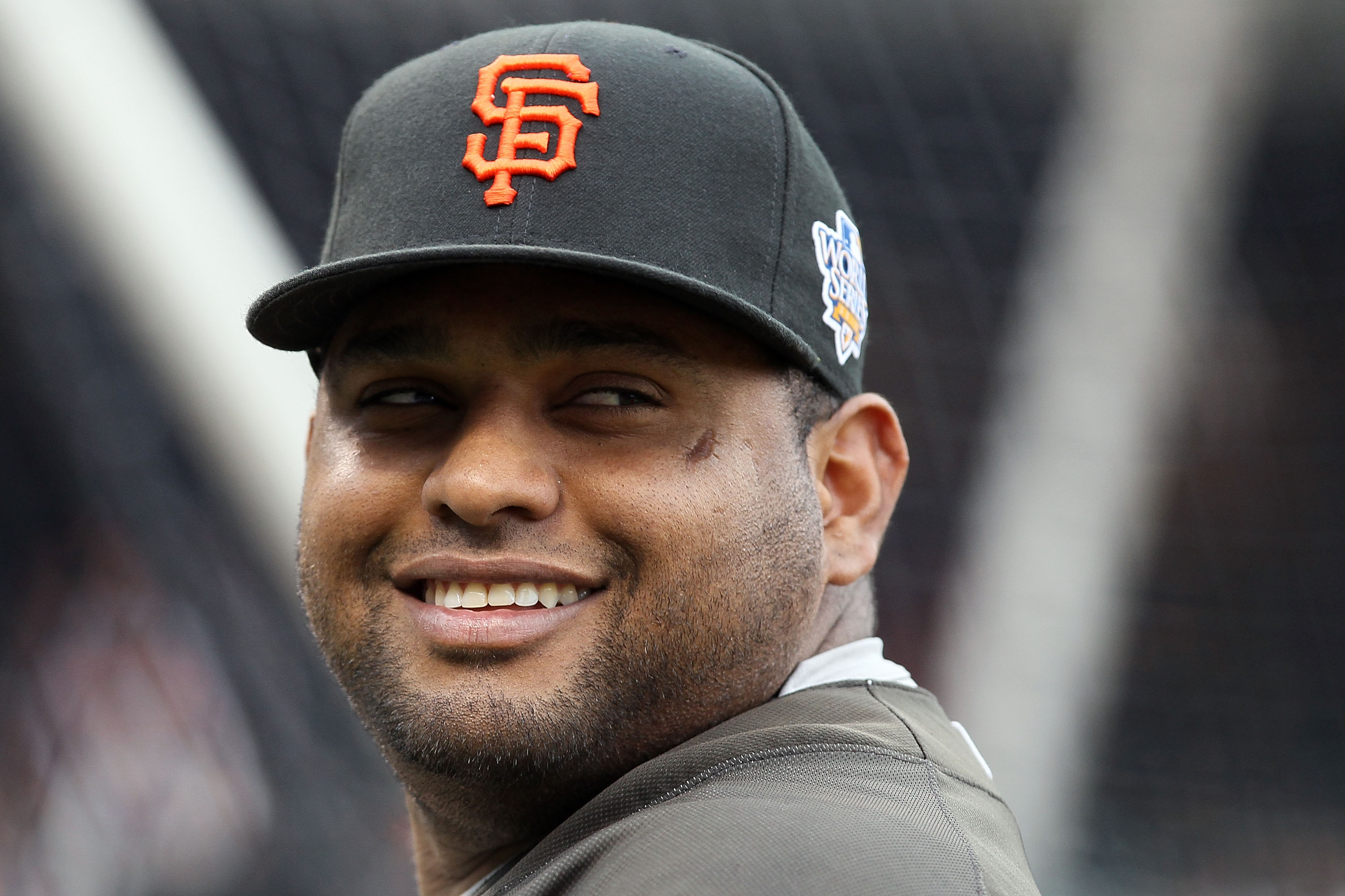SAN FRANCISCO - OCTOBER 27:  Pablo Sandoval #48 of the San Francisco Giants smiles during batting practice before Game One of the 2010 MLB World Series against the Texas Rangers at AT&T Park on October 27, 2010 in San Francisco, California.  (Photo by Els