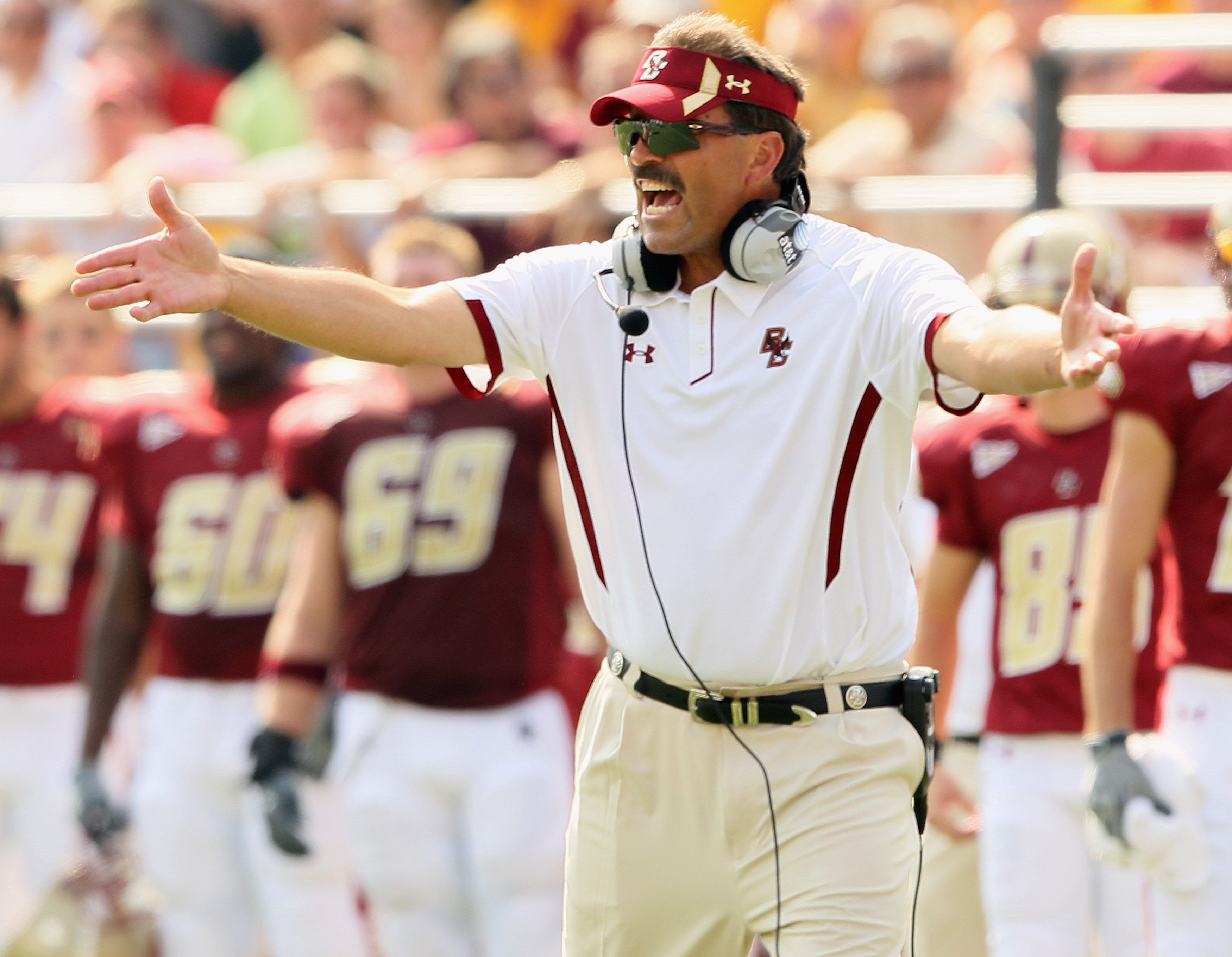 CHESTNUT HILL, MA - SEPTEMBER 25: Head coach Frank Spaziani of the Boston College Eagles reacts after Dave Shinskie is hit after the whistle in the final minutes of the first half against the Virginia Tech Hokies on September 25, 2010 at Alumni Stadium i