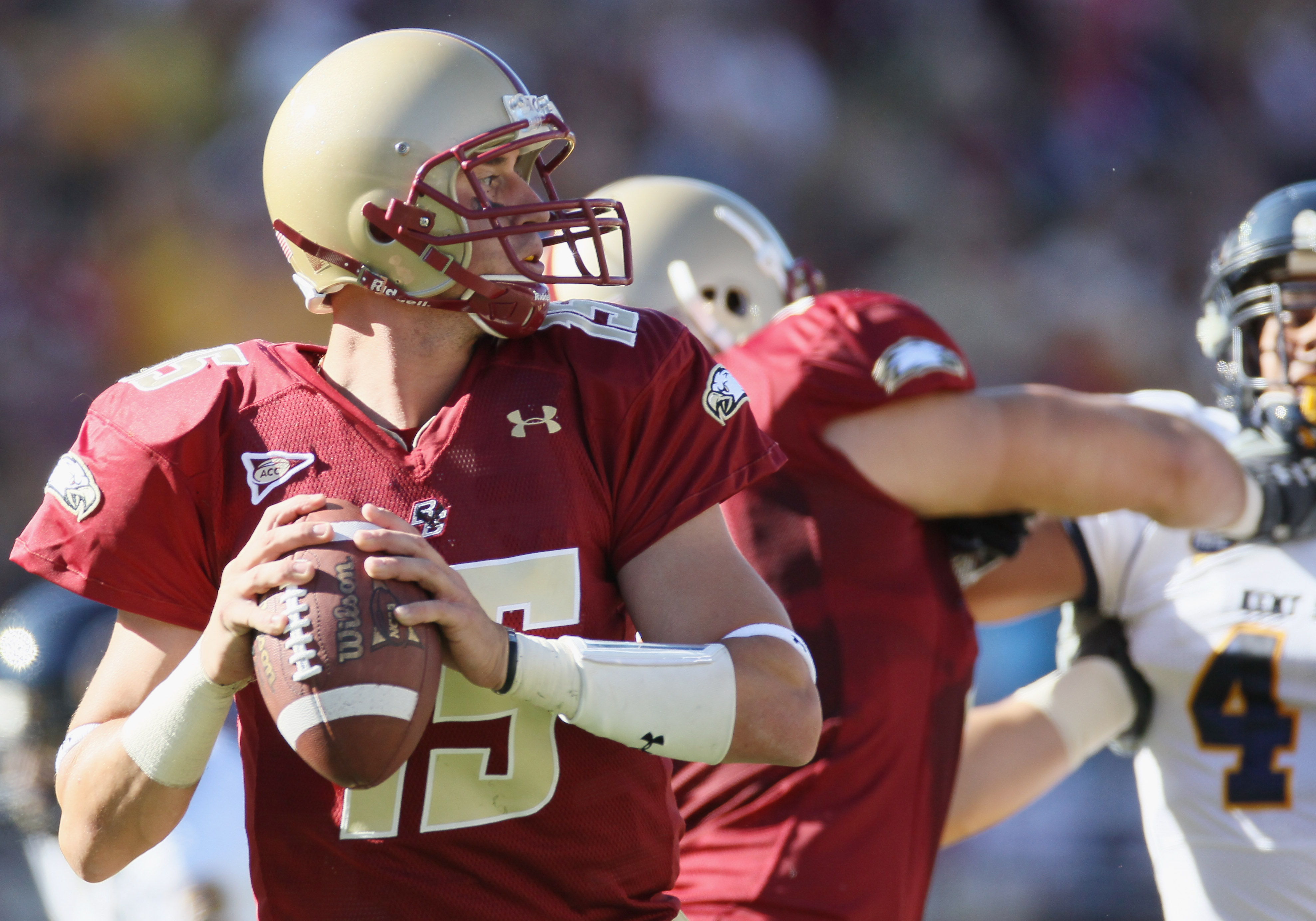 CHESTNUT HILL, MA - SEPTEMBER 11: Dave Shinskie #15 of the Boston College Eagles looks to pass in the first half against the Kent State Golden Flashes on September 11, 2010 at Alumni Stadium in Chestnut Hill, Massachusetts. (Photo by Elsa/Getty Images)