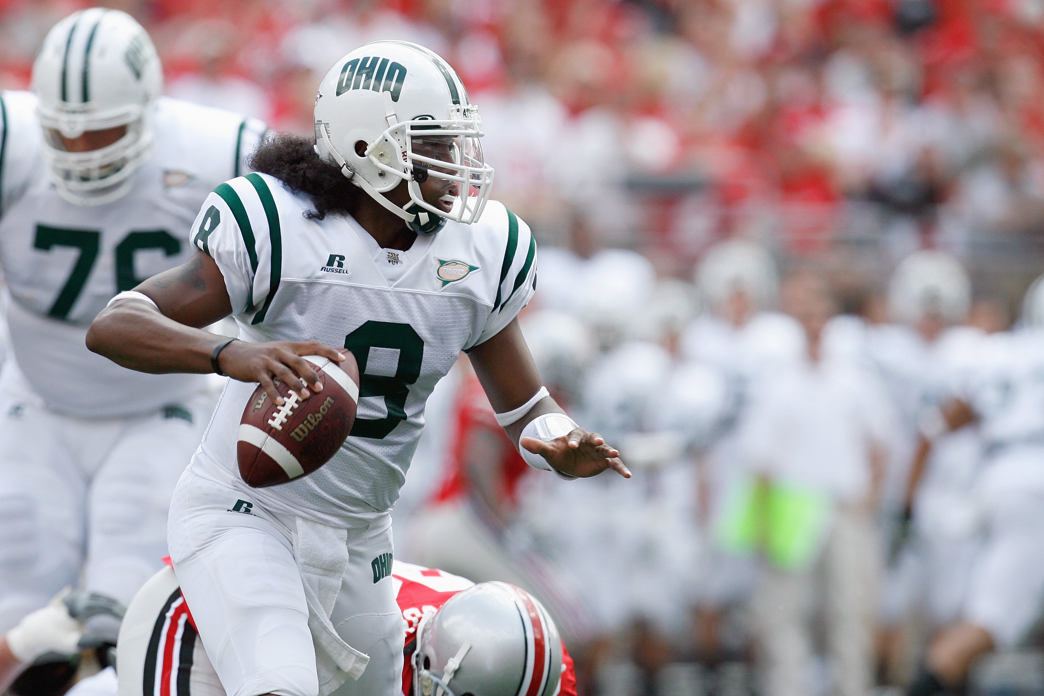 COLUMBUS, OH - SEPTEMBER 06: Boo Jackson #8 of the Ohio Bobcats moves as he looks to pass the ball during the game against the Ohio State Buckeyes at Ohio Stadium on September 6, 2008 in Columbus, Ohio. (Photo by Kevin C. Cox/Getty Images)