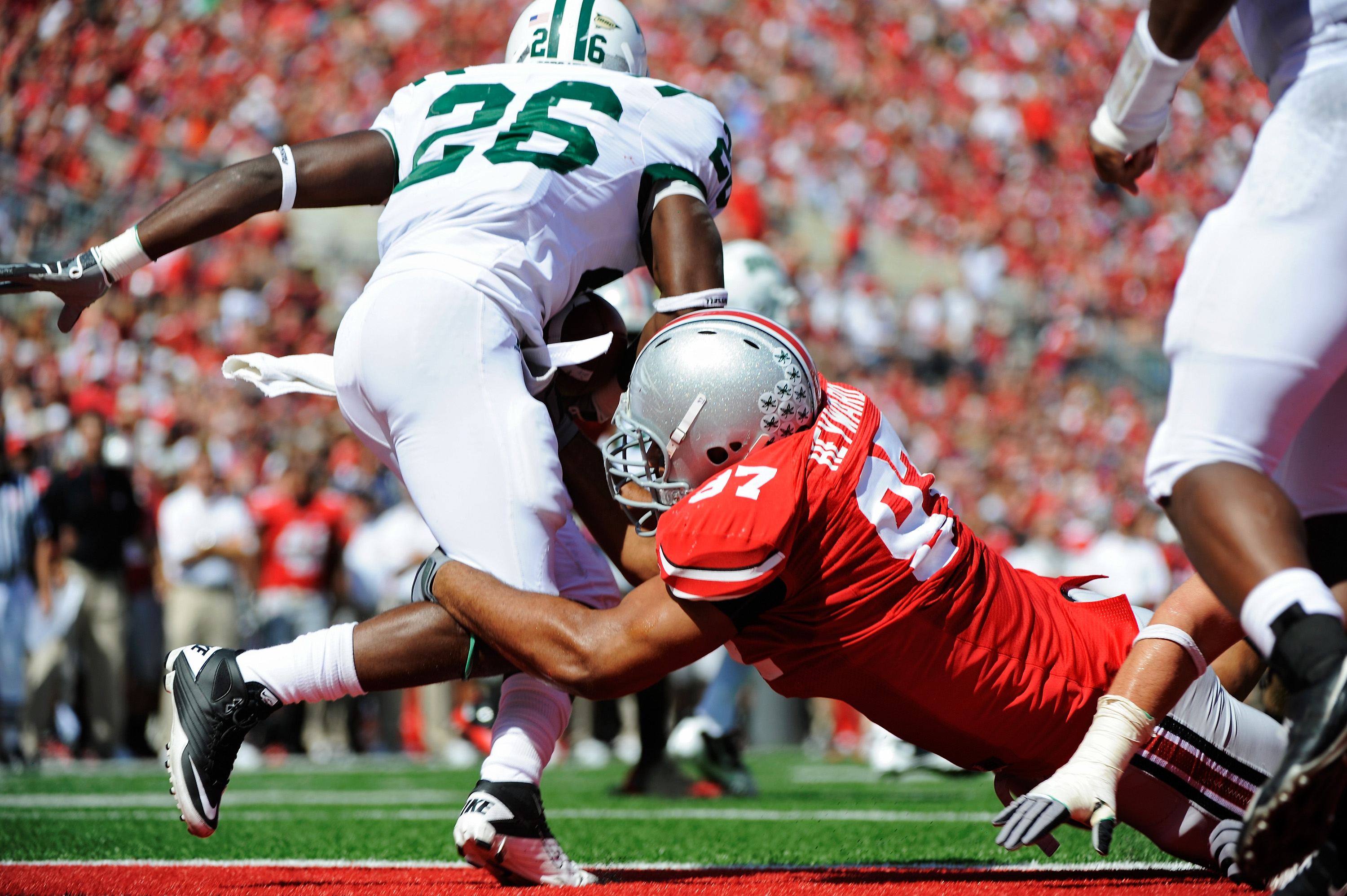 COLUMBUS, OH - SEPTEMBER 18: Cameron Heyward #97 of the Ohio State Buckeyes tackles Vince Davidson #26 of the Ohio Bobcats in the endzone for a safety in the third quarter at Ohio Stadium on September 18, 2010 in Columbus, Ohio. The Buckeyes defeated the