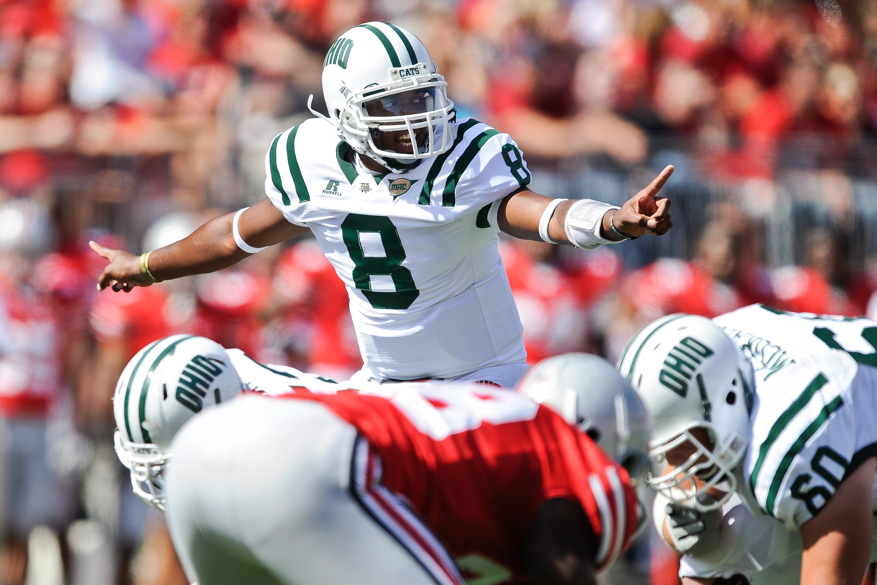 COLUMBUS, OH - SEPTEMBER 18: Quarterback Boo Jackson #8 of the Ohio Bobcats calls signals against the Ohio State Buckeyes at Ohio Stadium on September 18, 2010 in Columbus, Ohio. (Photo by Jamie Sabau/Getty Images)