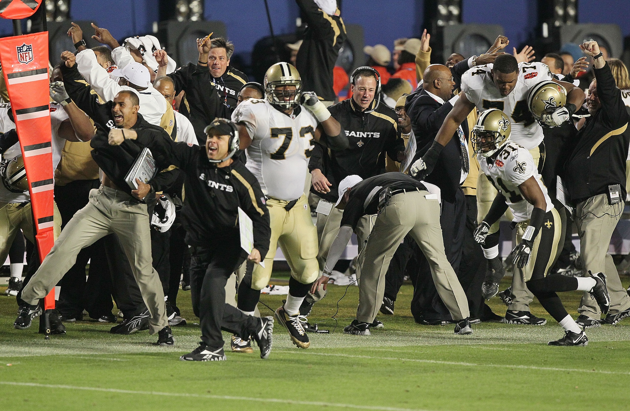 MIAMI GARDENS, FL - FEBRUARY 07: Head coach Sean Payton of the New Orleans Saints reacts to Tracy Porter's interception of Peyton Manning of the Indianapolis Colts for a touchdown in the fourth quarter during Super Bowl XLIV on February 7, 2010 at Sun Lif