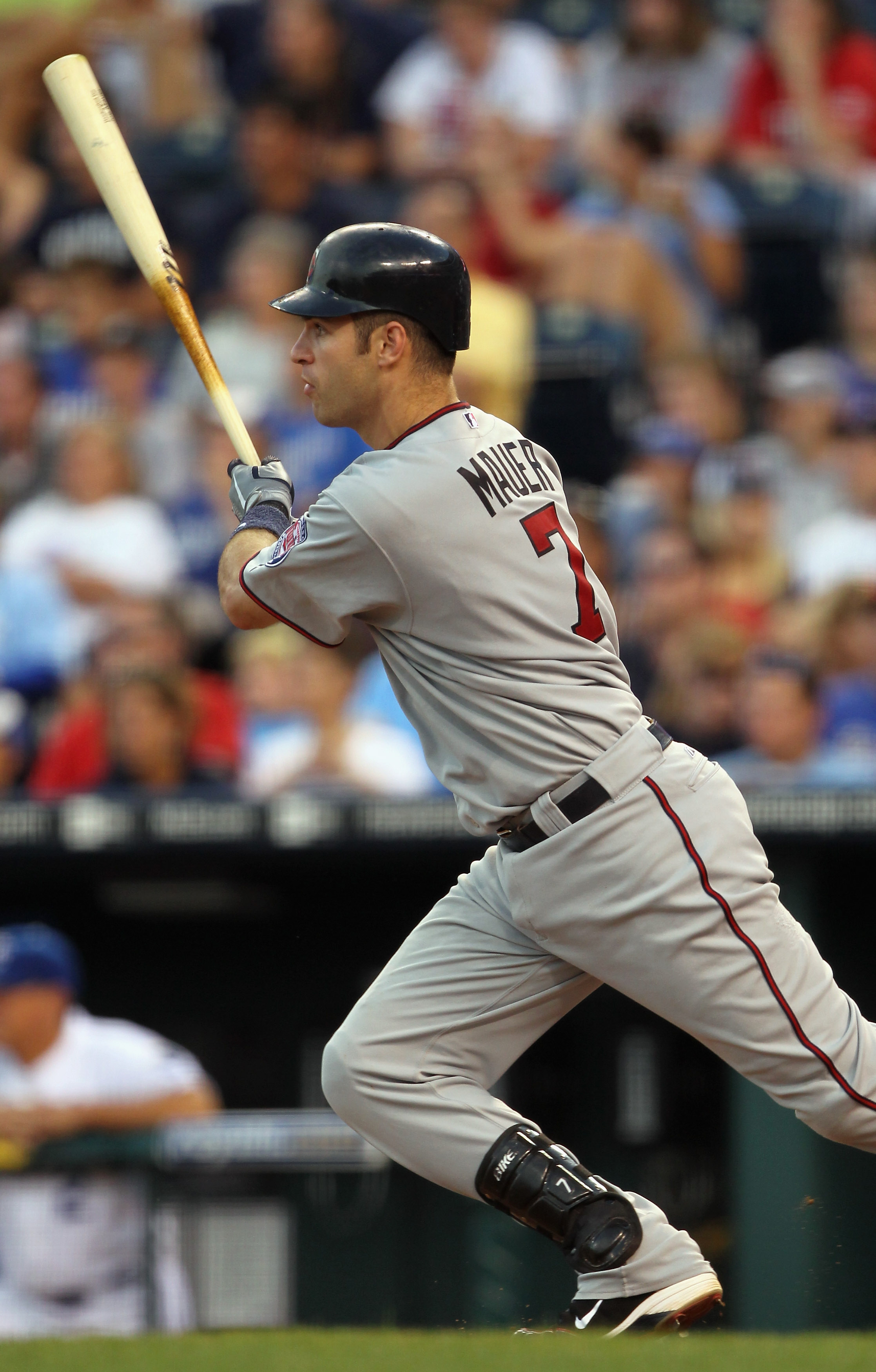 Twins catcher Joe Mauer #7 hits a game tying home run in the top of the 9th  inning during the game between the Minnesota Twins vs Philadelphia Phillies  at Citizens Bank Park