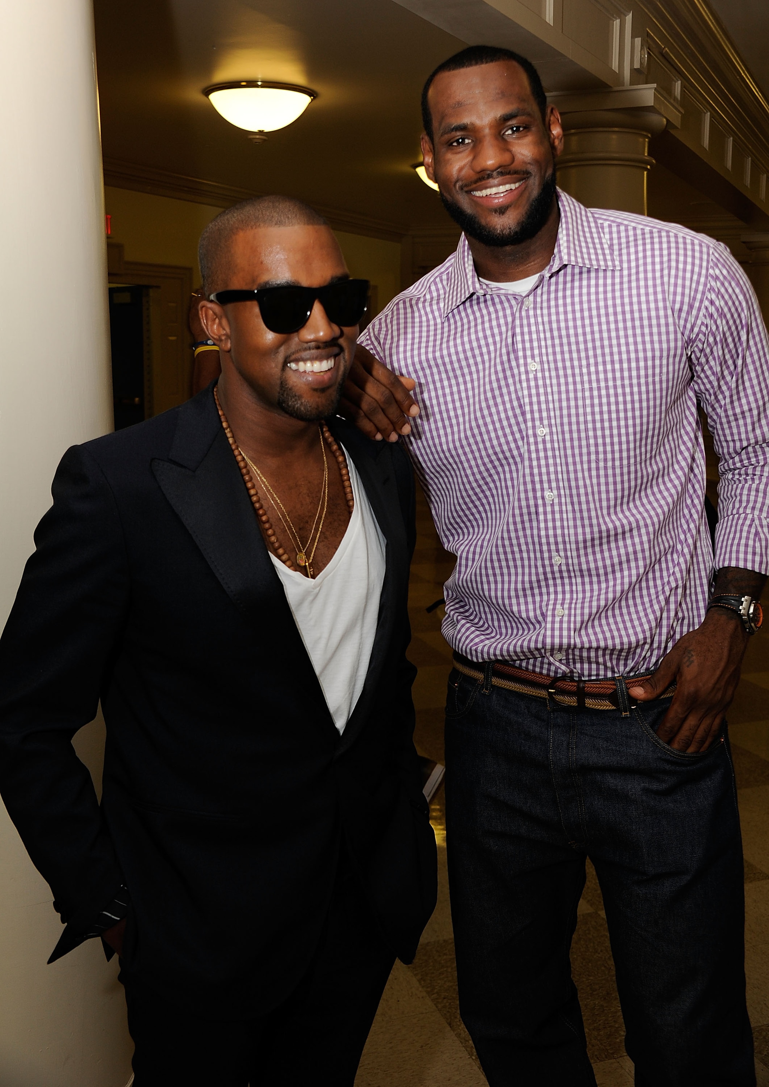 GREENWICH, CT - JULY 08:  Kanye West and LeBron James pose backstage prior to the LeBron James announcement of his future NBA plans at the  Boys & Girls Club of America on July 8, 2010 in Greenwich, Connecticut.  (Photo by Larry Busacca/Getty Images for E