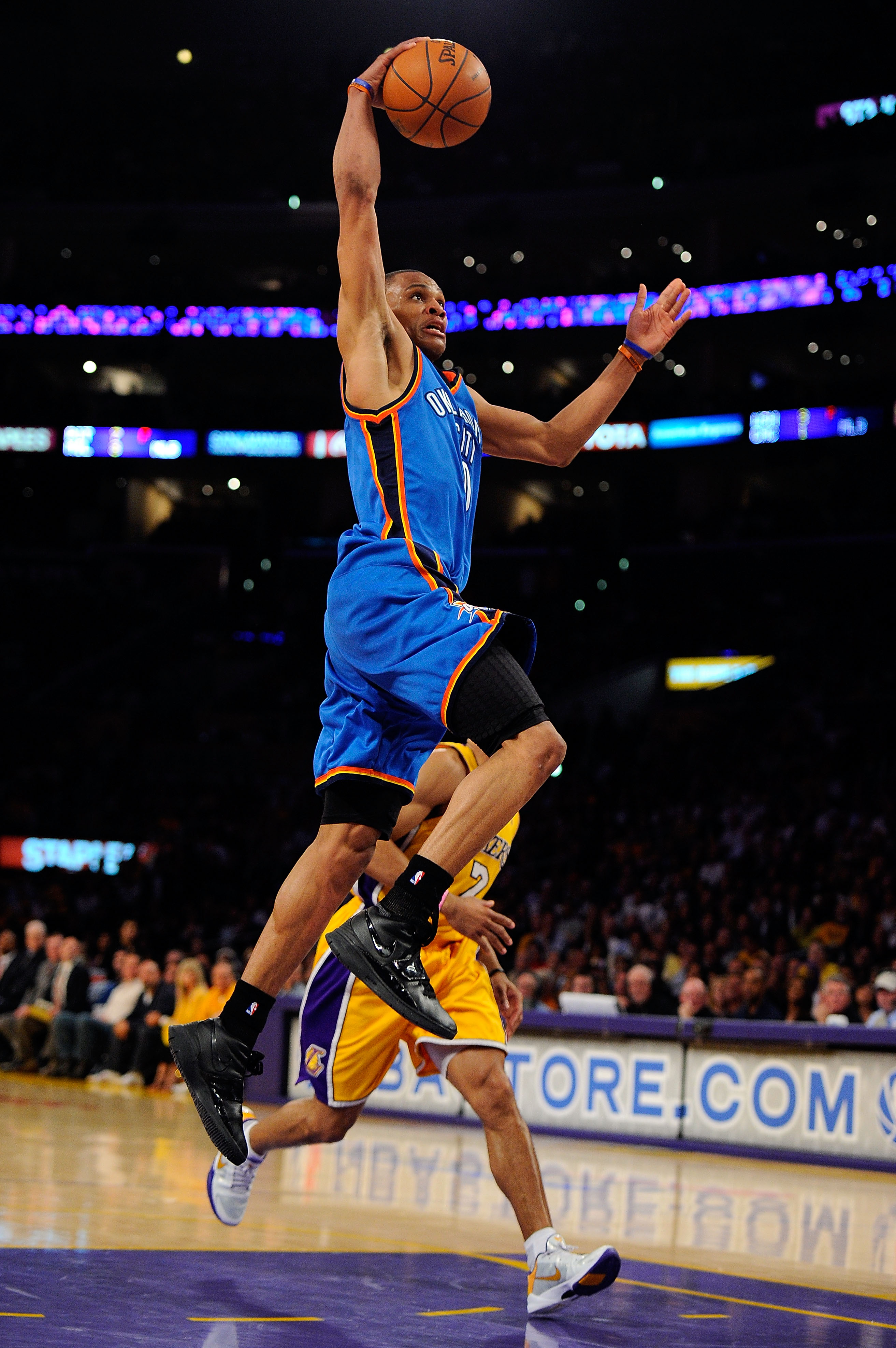 LOS ANGELES, CA - APRIL 27:  Russell Westbrook #0 of the Oklahoma City Thunder goes up for a dunk in the second quarter while taking on the Los Angeles Lakers during Game Two of the Western Conference Quarterfinals of the 2010 NBA Playoffs at Staples Cent