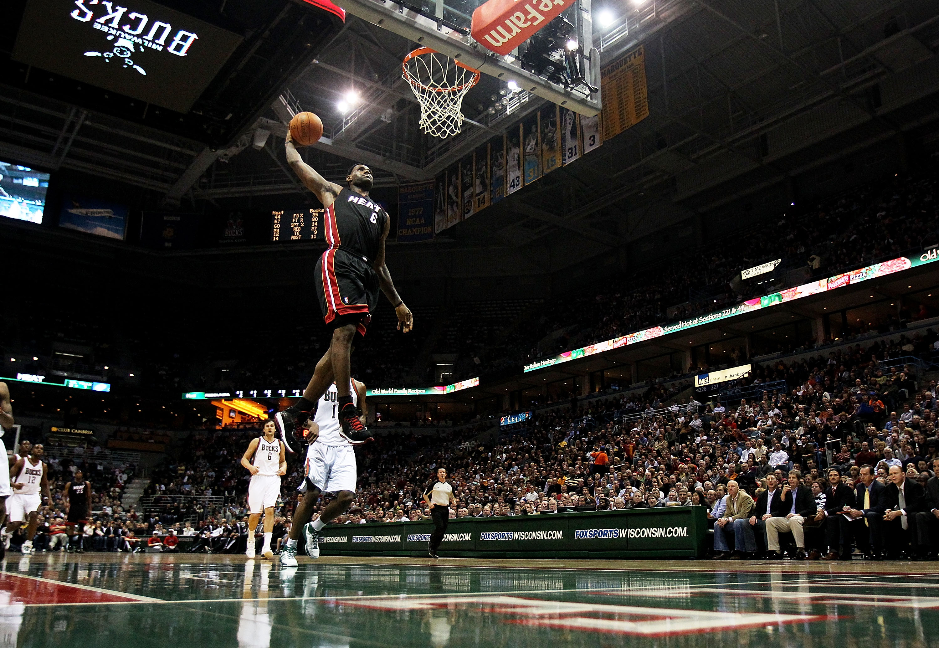 MILWAUKEE, WI - DECEMBER 06: LeBron James #6 of the Miami Heat goes up for a dunk against the Milwaukee Bucks at the Bradley Center on December 6, 2010 in Milwaukee, Wisconsin. The Heat defeated the Bucks 88-78. NOTE TO USER: User expressly acknowledges a