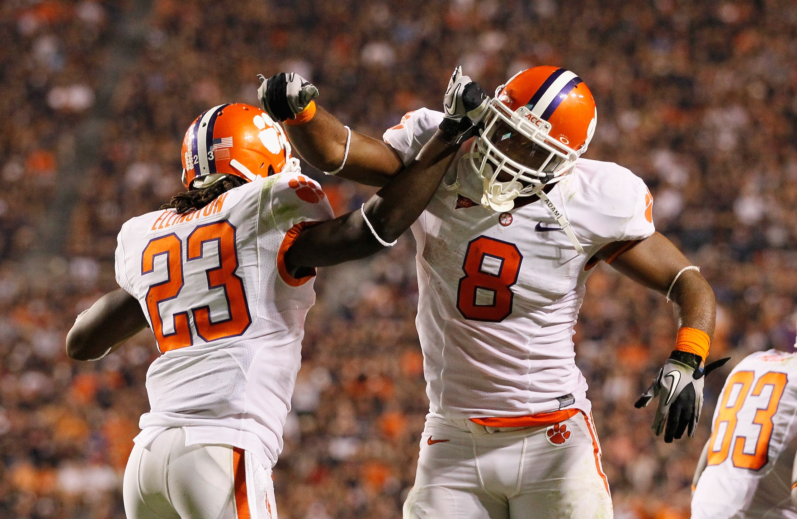 AUBURN, AL - SEPTEMBER 18: Andre Ellington #23 and Jamie Harper #8 of the Clemson Tigers against the Auburn Tigers at Jordan-Hare Stadium on September 18, 2010 in Auburn, Alabama. (Photo by Kevin C. Cox/Getty Images) AUBURN, AL - SEPTEMBER 18: Andre Ellington #23 and Jamie Harper #8 of the Clemson Tigers against the Auburn Tigers at Jordan-Hare Stadium on September 18, 2010 in Auburn, Alabama. (Photo by Kevin C. Cox/Getty Images)
