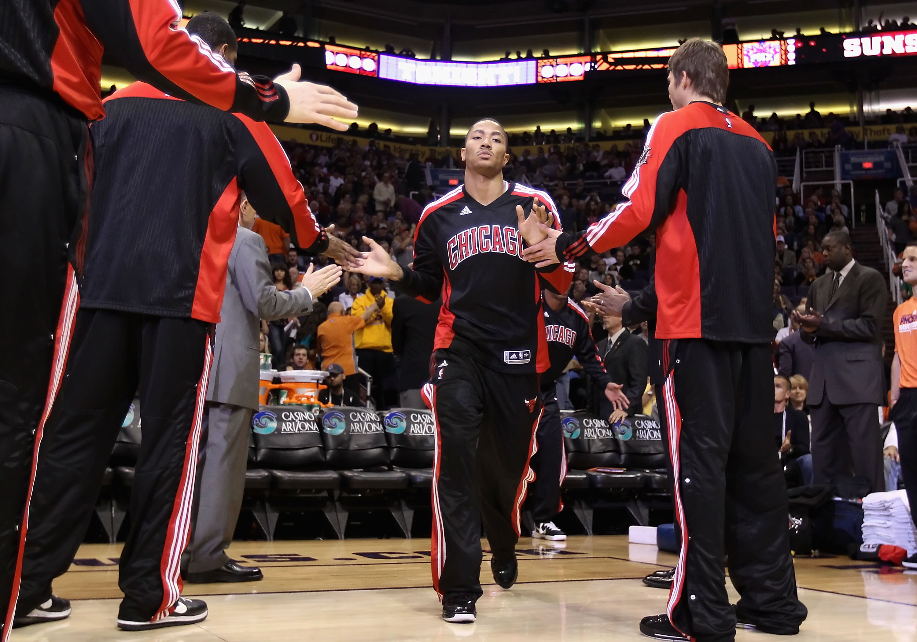 PHOENIX - NOVEMBER 24:  Derrick Rose #1 of the Chicago Bulls is introduced before the NBA game against the Phoenix Suns at US Airways Center on November 24, 2010 in Phoenix, Arizona. NOTE TO USER: User expressly acknowledges and agrees that, by downloadin