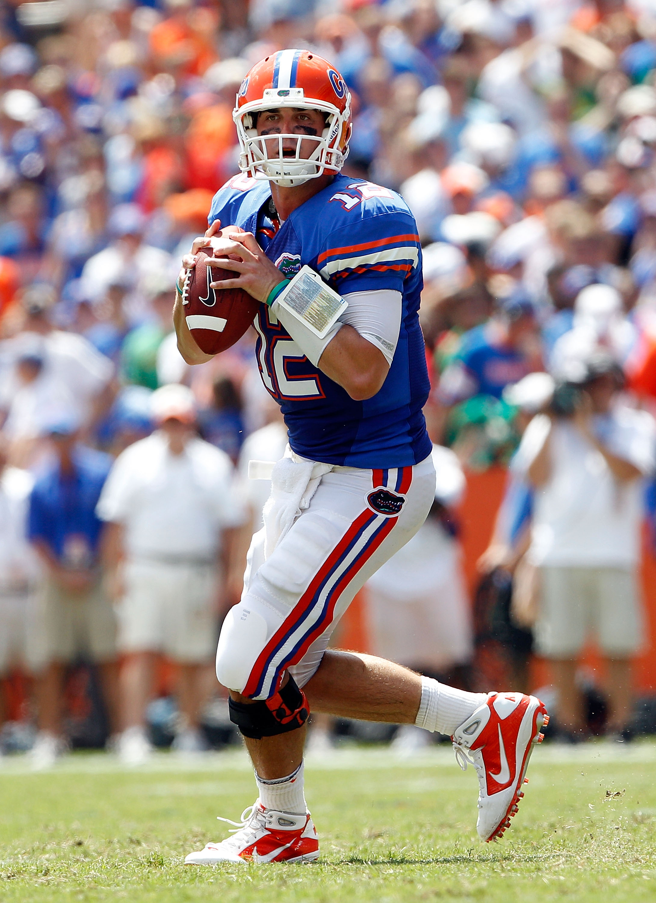 GAINESVILLE, FL - SEPTEMBER 11:  Quarterback John Brantley #12 of the Florida Gators attempts a pass during a game against the South Florida Bulls at Ben Hill Griffin Stadium on September 11, 2010 in Gainesville, Florida.  (Photo by Sam Greenwood/Getty Im