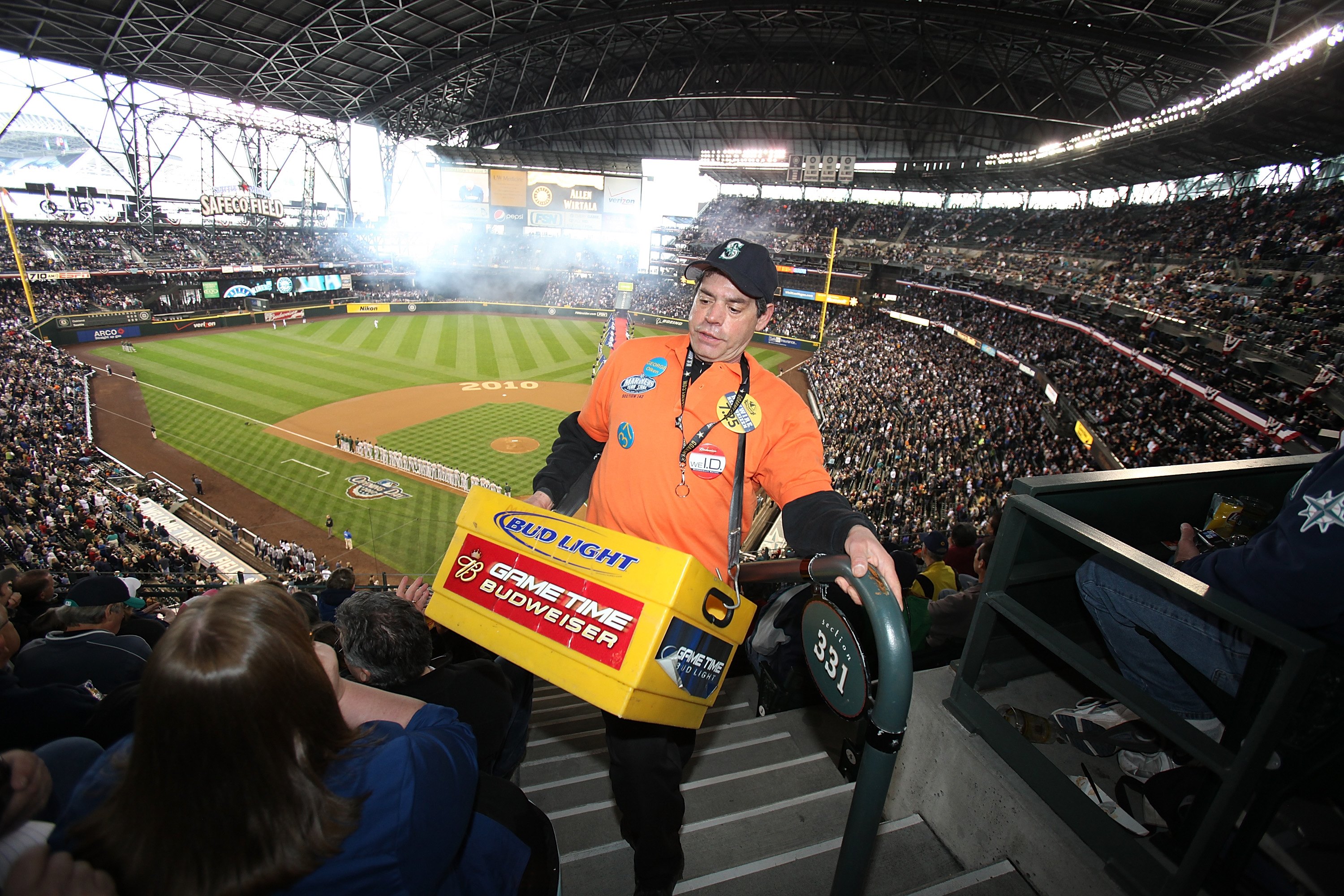 SEATTLE - APRIL 12:  A beer vendor works section 331 during the game between the Oakland Athletics and the Seattle Mariners during the Mariners' home opener at Safeco Field on April 12, 2010 in Seattle, Washington. (Photo by Otto Greule Jr/Getty Images)