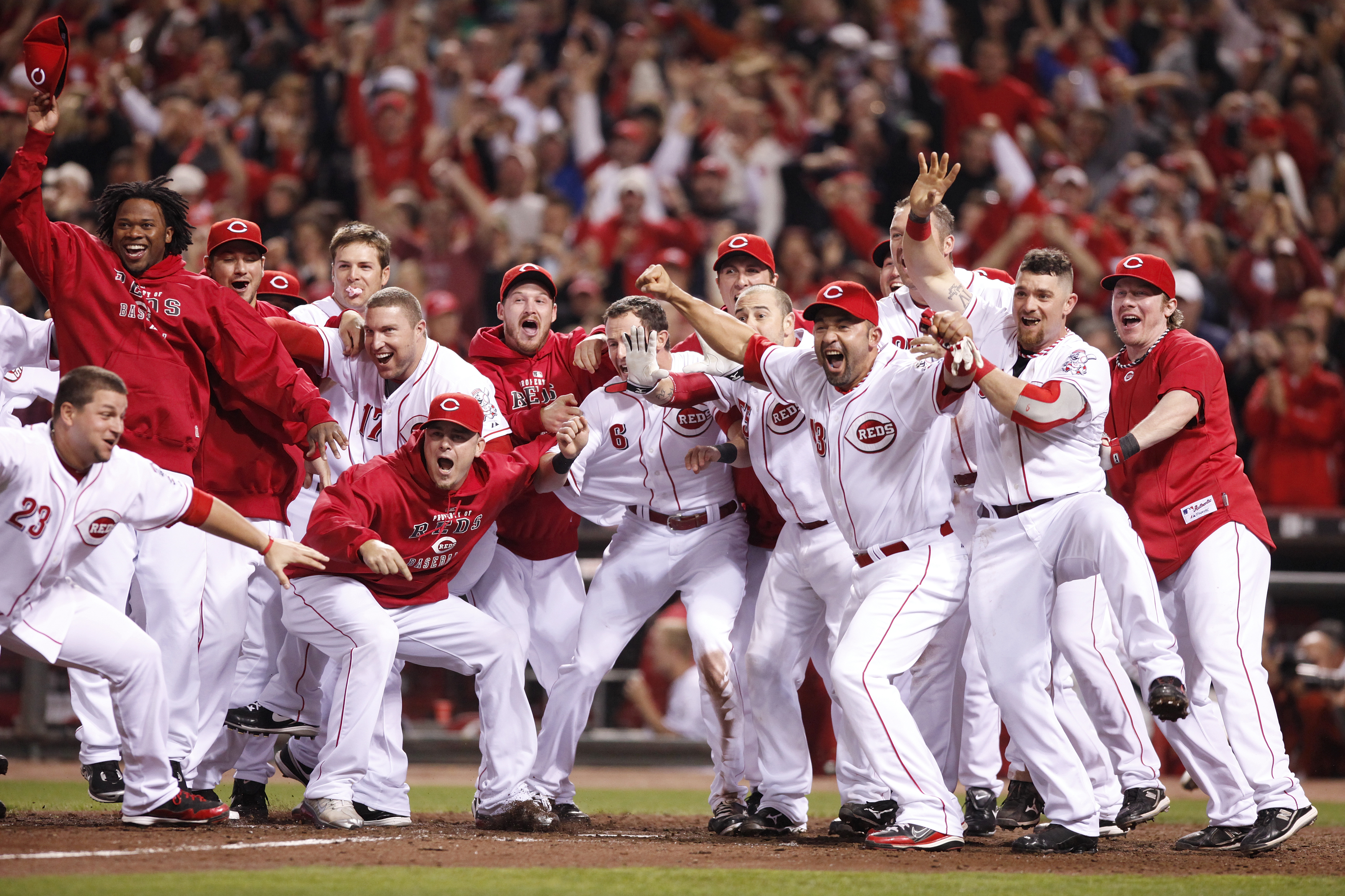 CINCINNATI, OH - SEPTEMBER 28: The Cincinnati Reds celebrate after Jay Bruce's walk off home run in the ninth inning against the Houston Astros at Great American Ball Park on September 28, 2010 in Cincinnati, Ohio. The Reds won 3-2 to clinch the NL Centra