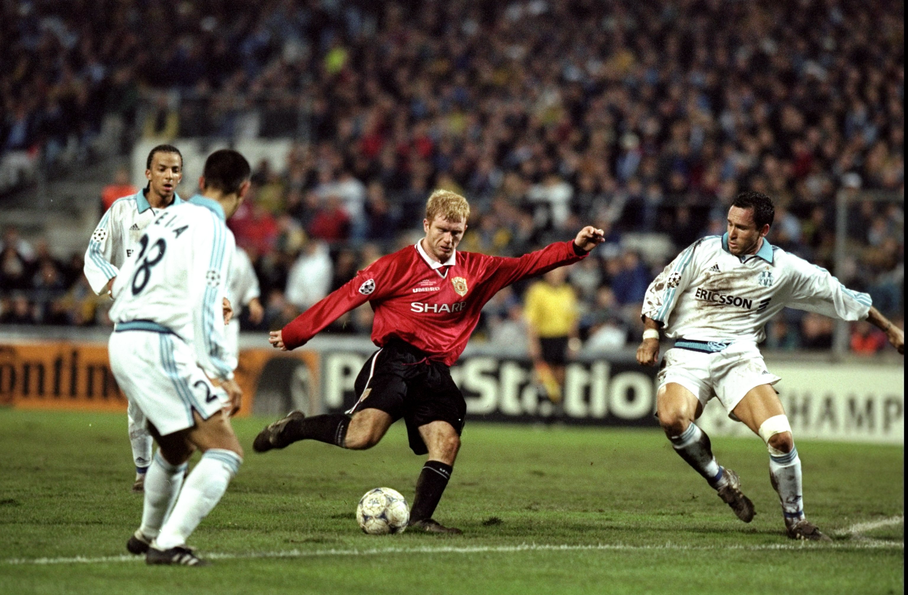 19 Oct 1999:  Paul Scholes of Manchester United shoots for goal during the UEFA Champions League Group D match against Marseille played at the Stade Velodrome, Marseille, France. The game finished in a 1-0 win for Marseille. \ Mandatory Credit: Ross Kinna