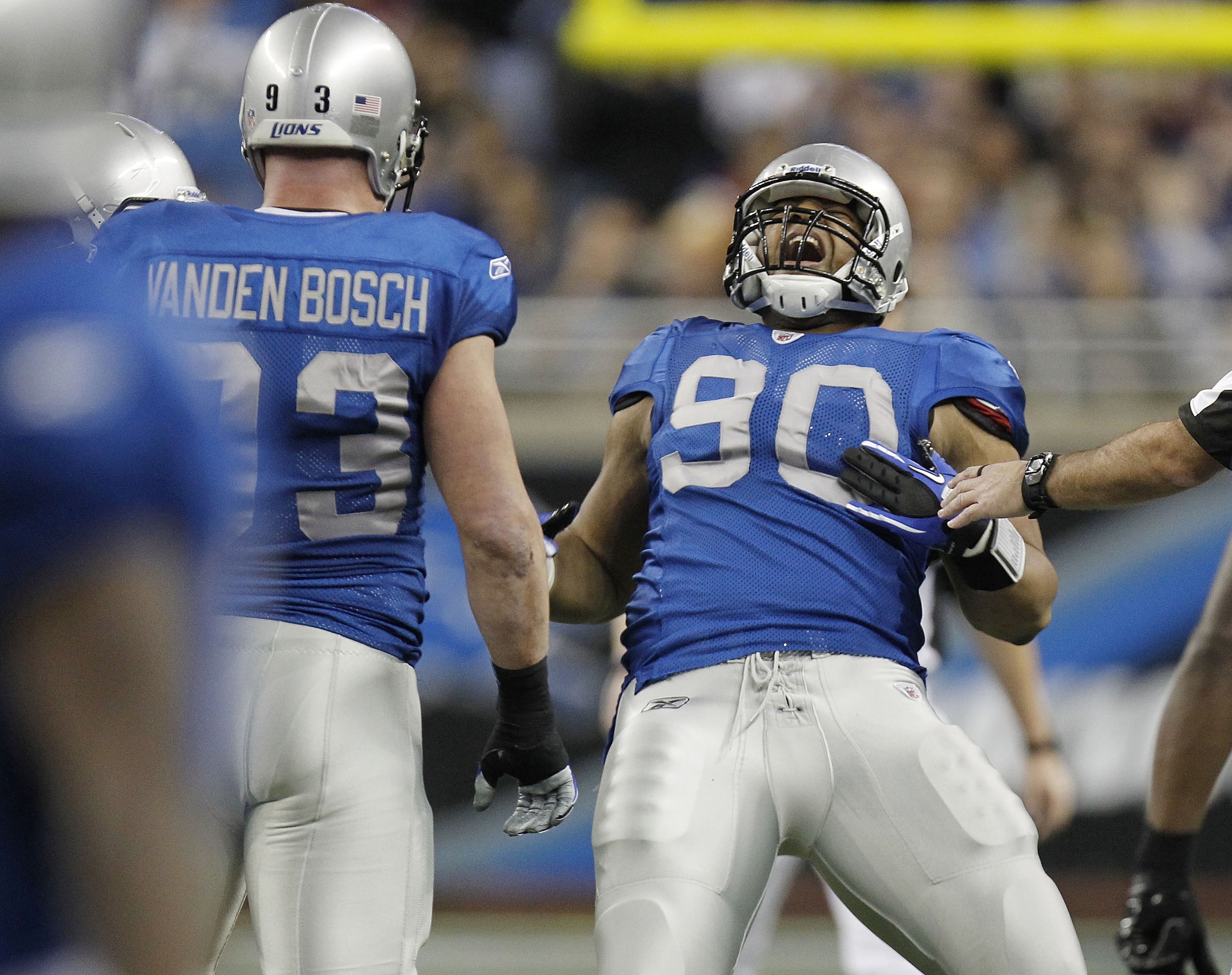 DETROIT - NOVEMBER 25: Ndamukong Suh #90 of the Detroit Lions celebrates a first quarter sack next to Kyle Vanden Bosch #93 while playing the New England Patriots on November 25, 2010 at Ford Field in Detroit, Michigan. (Photo by Gregory Shamus/Getty Im DETROIT - NOVEMBER 25: Ndamukong Suh #90 of the Detroit Lions celebrates a first quarter sack next to Kyle Vanden Bosch #93 while playing the New England Patriots on November 25, 2010 at Ford Field in Detroit, Michigan. (Photo by Gregory Shamus/Getty Im