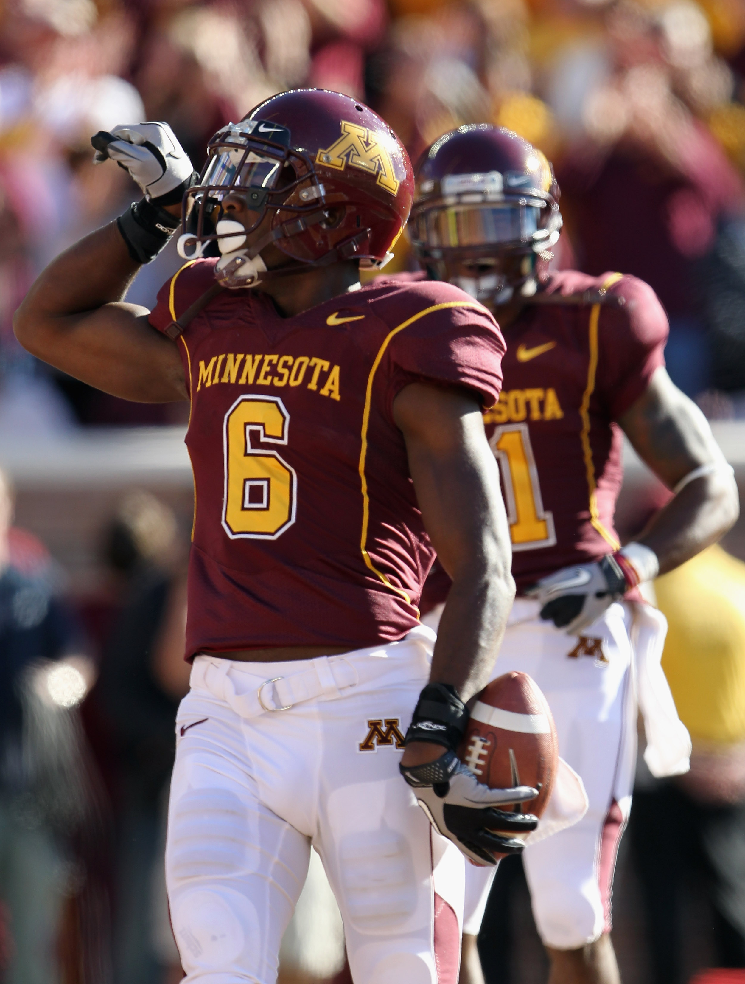 MINNEAPOLIS - SEPTEMBER 18:  Da'Jon McKnight #6 of the Minnesota Golden Gophers celebrates after catching a pass for a touchdown during the game against the USC Trojans on September 18, 2010 at TCF Bank Stadium in Minneapolis, Minnesota.  (Photo by Jamie