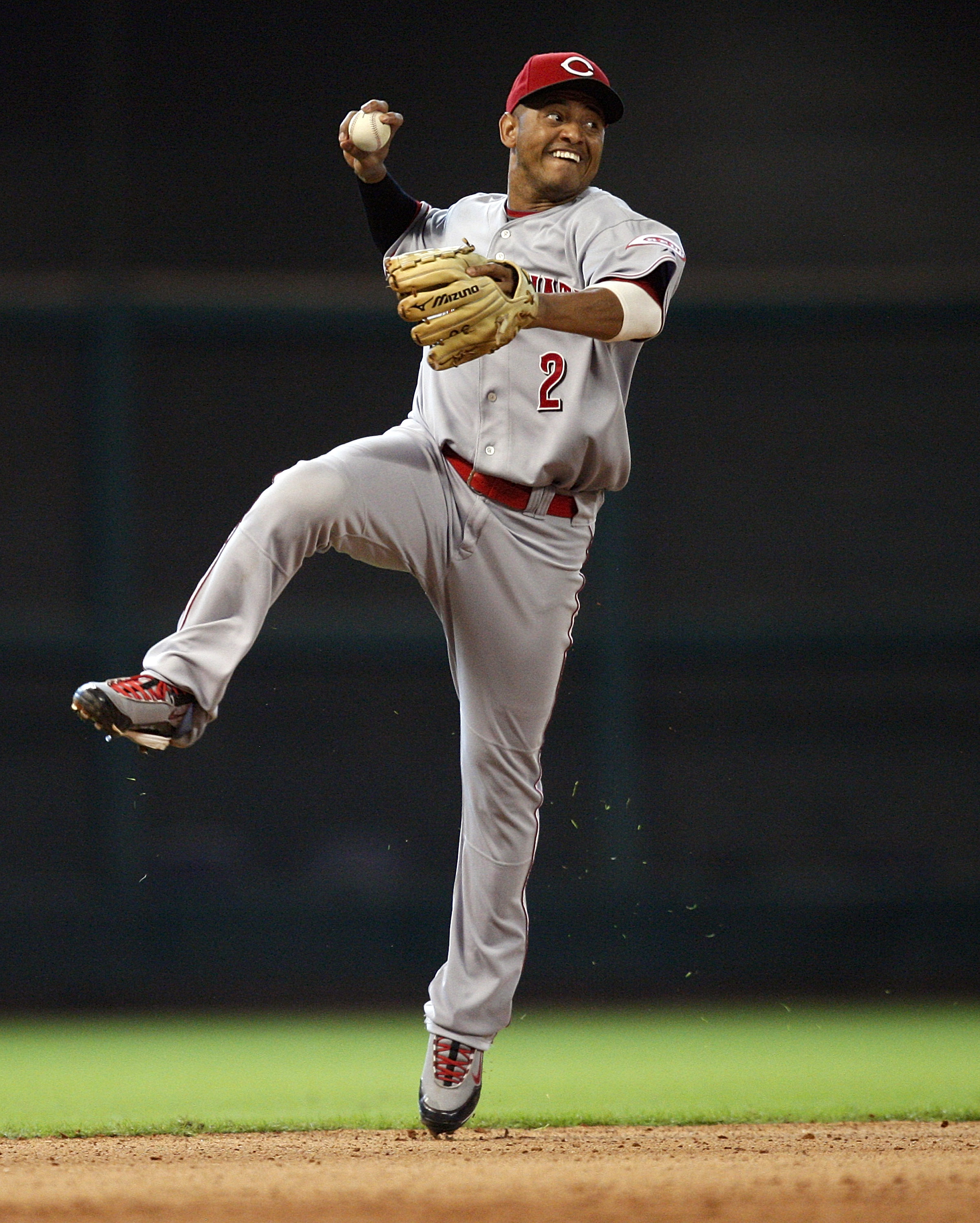 HOUSTON - JULY 25:  Shortstop Orlando Cabrera #2 makes a throw from deep in the hole against the Houston Astros at Minute Maid Park on July 25, 2010 in Houston, Texas.  (Photo by Bob Levey/Getty Images)