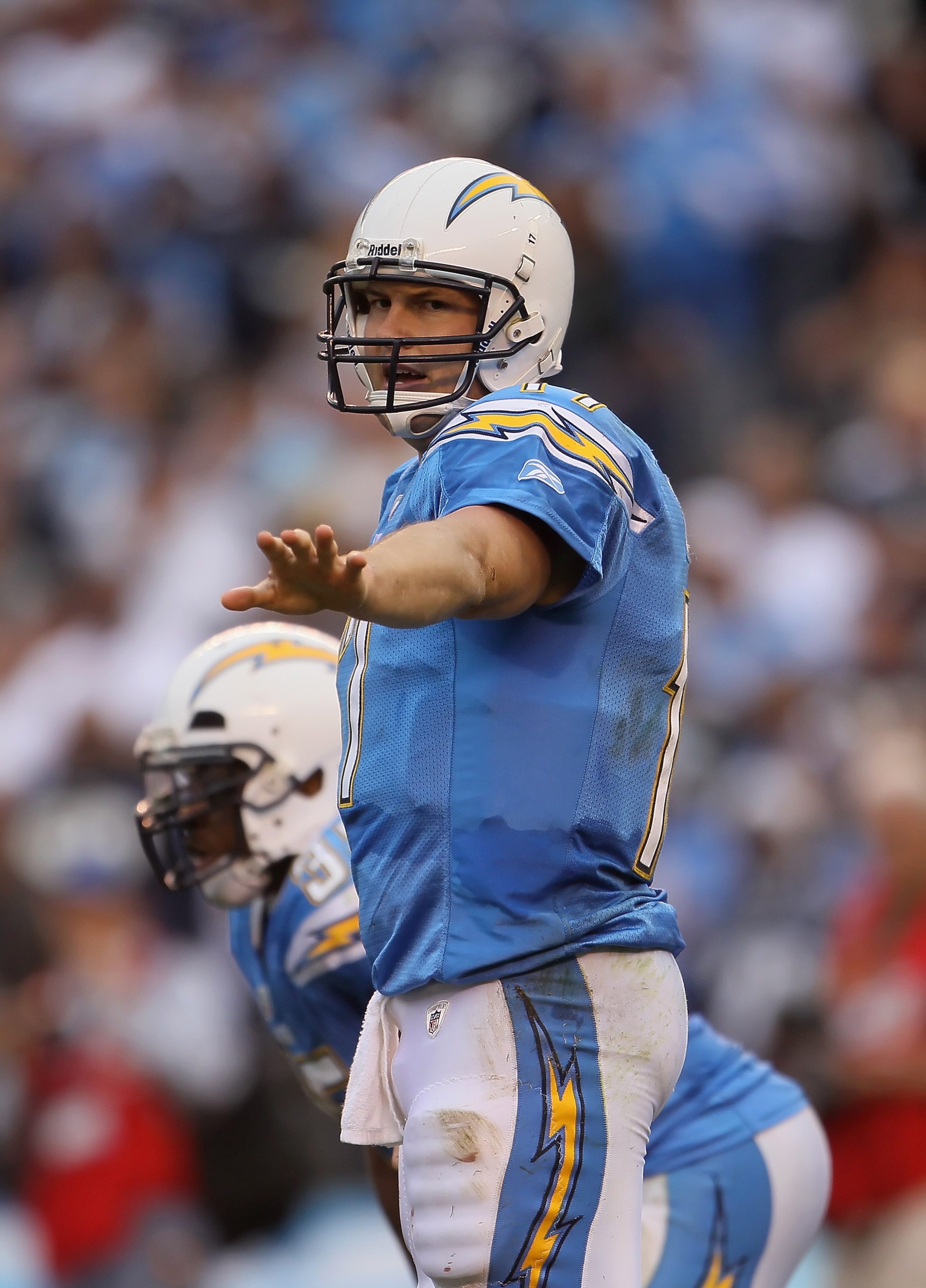 SAN DIEGO - DECEMBER 05:  Quarterback Philip Rivers #17 of the San Diego Chargers calls out a play against the Oakland Raiders at Qualcomm Stadium on December 5, 2010 in San Diego, California. The Raiders defeated the Chargers 28-13.  (Photo by Jeff Gross
