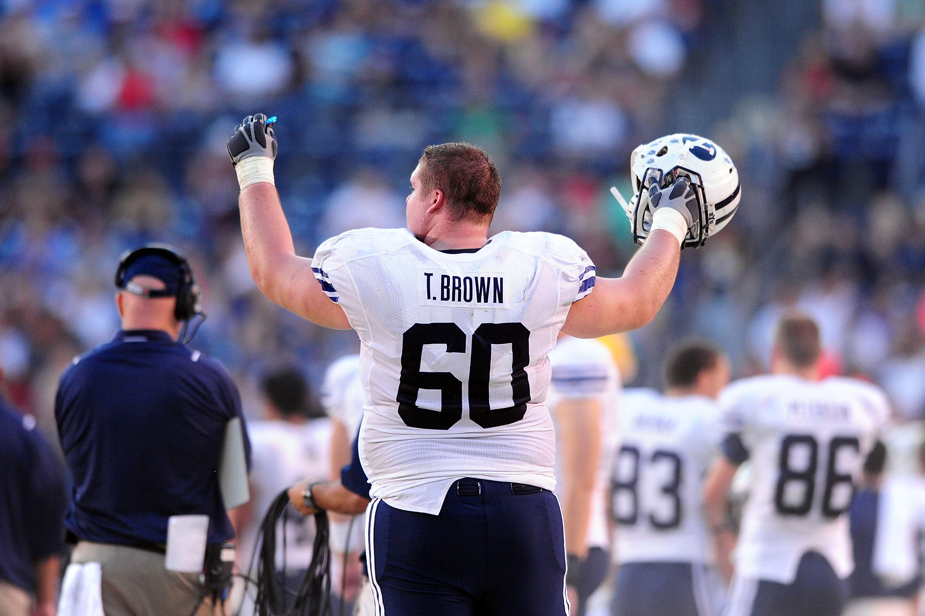 SAN DIEGO - OCTOBER 17: Terrence Brown #60 of BYU Cougars reacts to a great play against San Diego State Aztecs at Qualcomm Stadium on October 17, 2009 in San Diego, California. (Photo by Jacob de Golish/Getty Images)