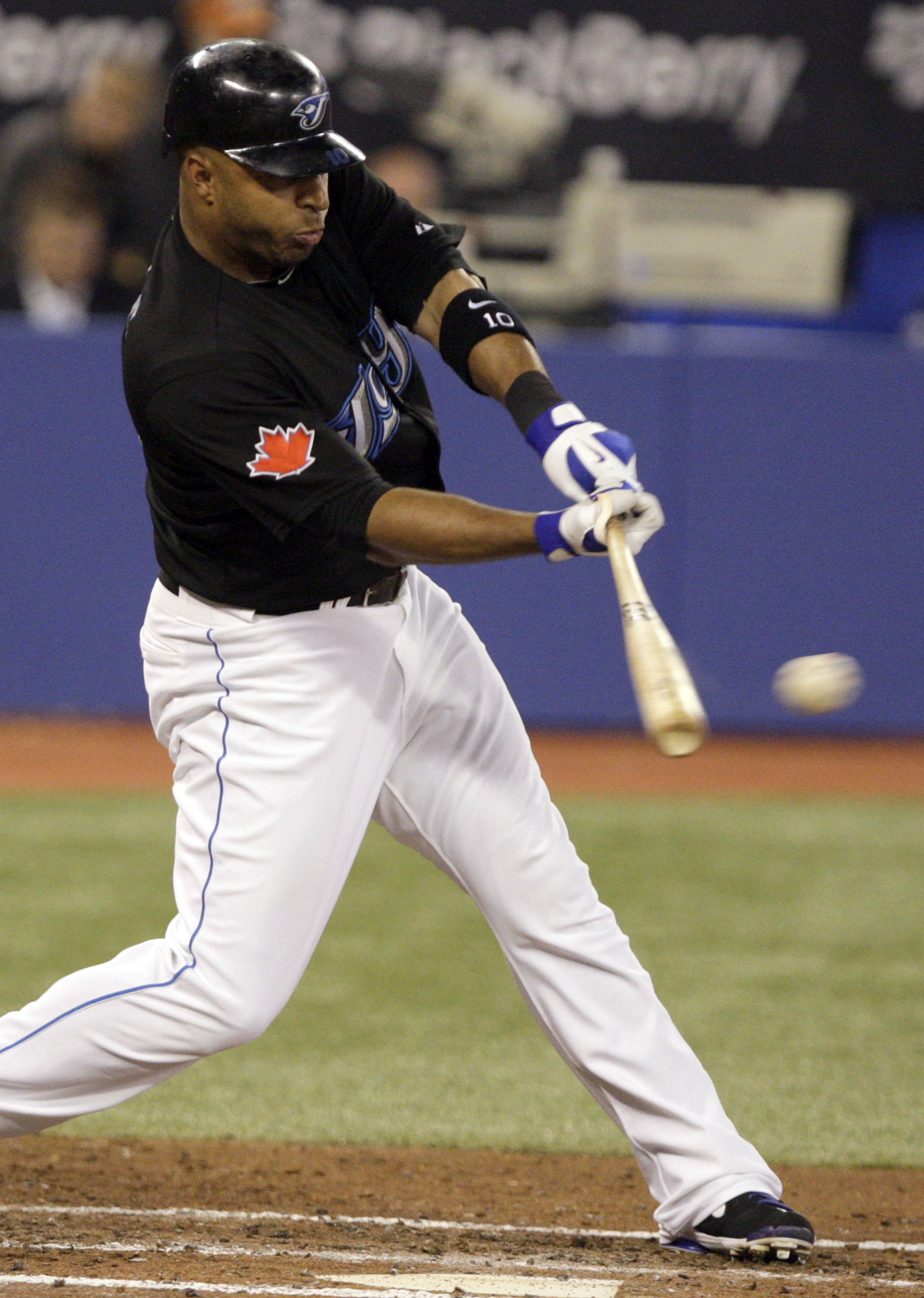 TORONTO, ON - SEPTEMBER 29: Vernon Wells #10 of the Toronto Blue Jays hits against the New York Yankees during a MLB game at the Rogers Centre September 29, 2010 in Toronto, Ontario, Canada. (Photo by Abelimages/Getty Images)