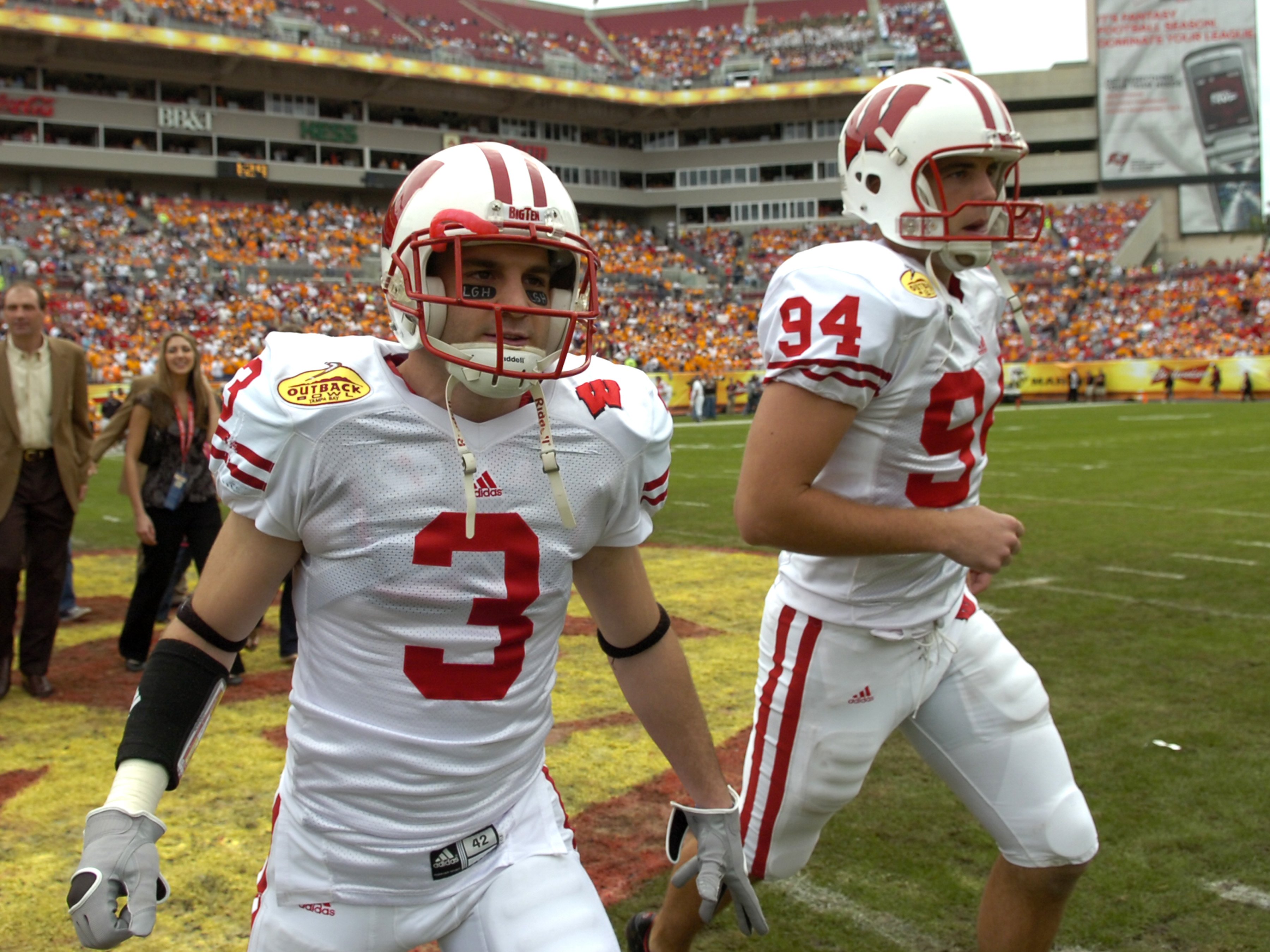 TAMPA, FL -  JANUARY 1: Defensive back Ben Strickland #3 and punter Ken DeBauche #94 of the Wisconsin Badgers set for play  against the Tennessee Volunteers in the 2008 Outback Bowl at Raymond James Stadium on January 1, 2008 in Tampa, Florida.  The Volun