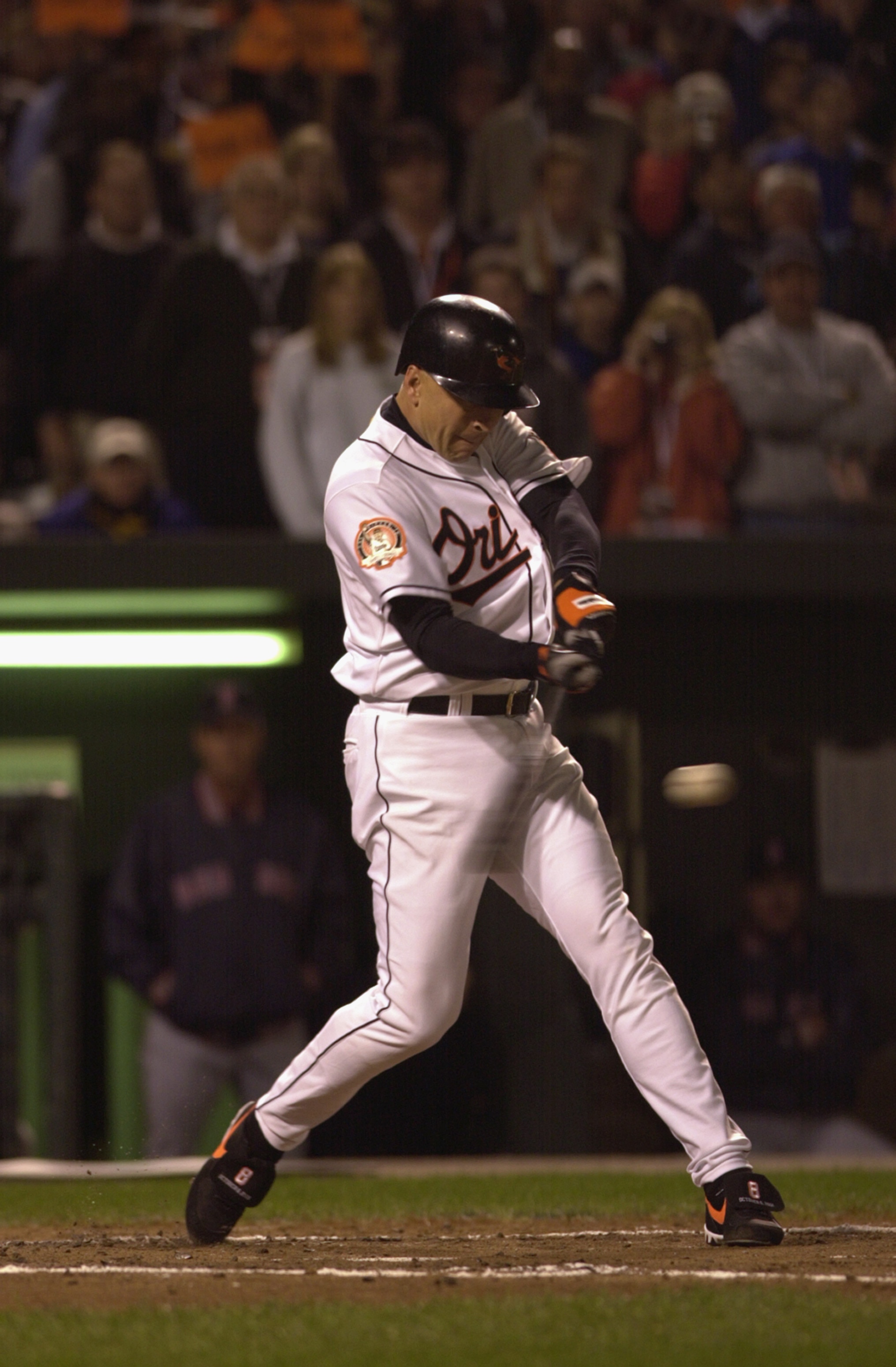 BALTIMORE - OCTOBER 6: On the 3001st and final game of his career, Cal Ripken Jr. #8 of the Baltimore Orioles swings at a Boston Red Sox pitch, at Camden Yards in Baltimore, Maryland. The Red Sox won, 2-0. (Photo by: Doug Pensinger/Getty Images)