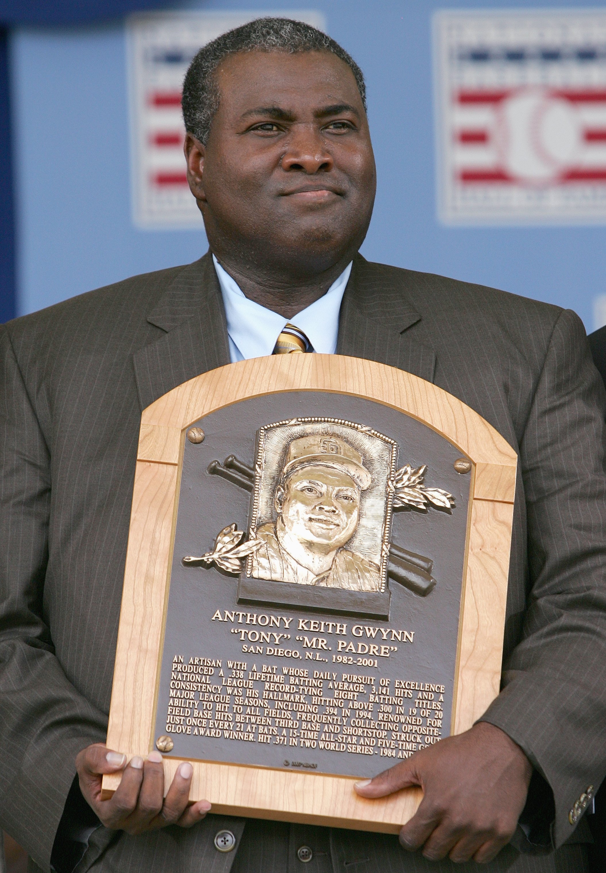 COOPERSTOWN, NY - JULY 29: 2007 inductee Tony Gwynn poses with his plaque at Clark Sports Center during the Baseball Hall of Fame induction ceremony on July 29, 2007 in Cooperstown, New York. (Photo by Chris McGrath/Getty Images)
