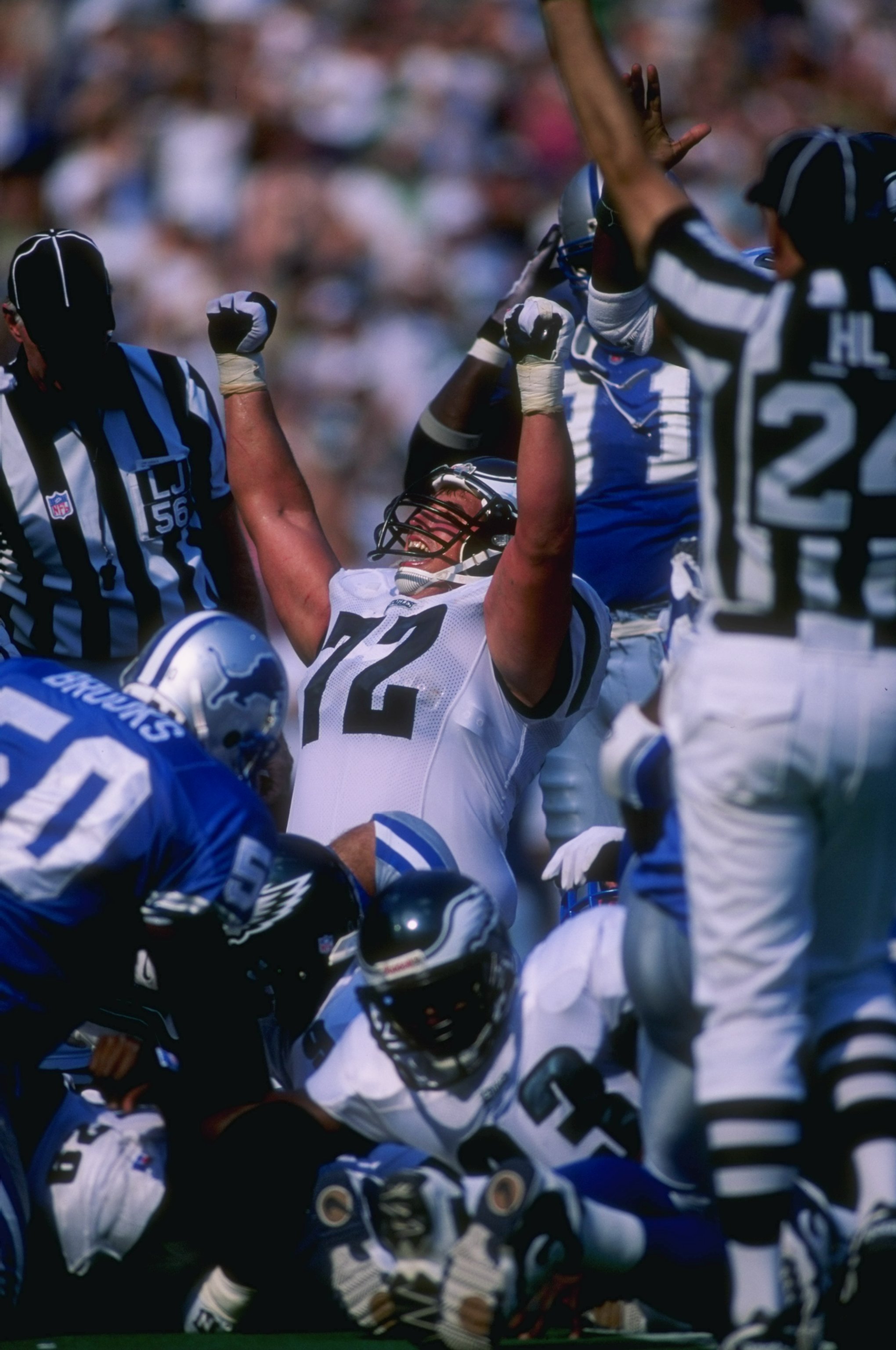 15 Sep 1996: Joe Panos #72 of the Philadelphia Eagles celebrates during the Eagles 24-10 victory over the Detroit Lions at Veterans Stadium in Philadelphia, Pennsylvania. Mandatory Credit: Doug Pensinger /Allsport