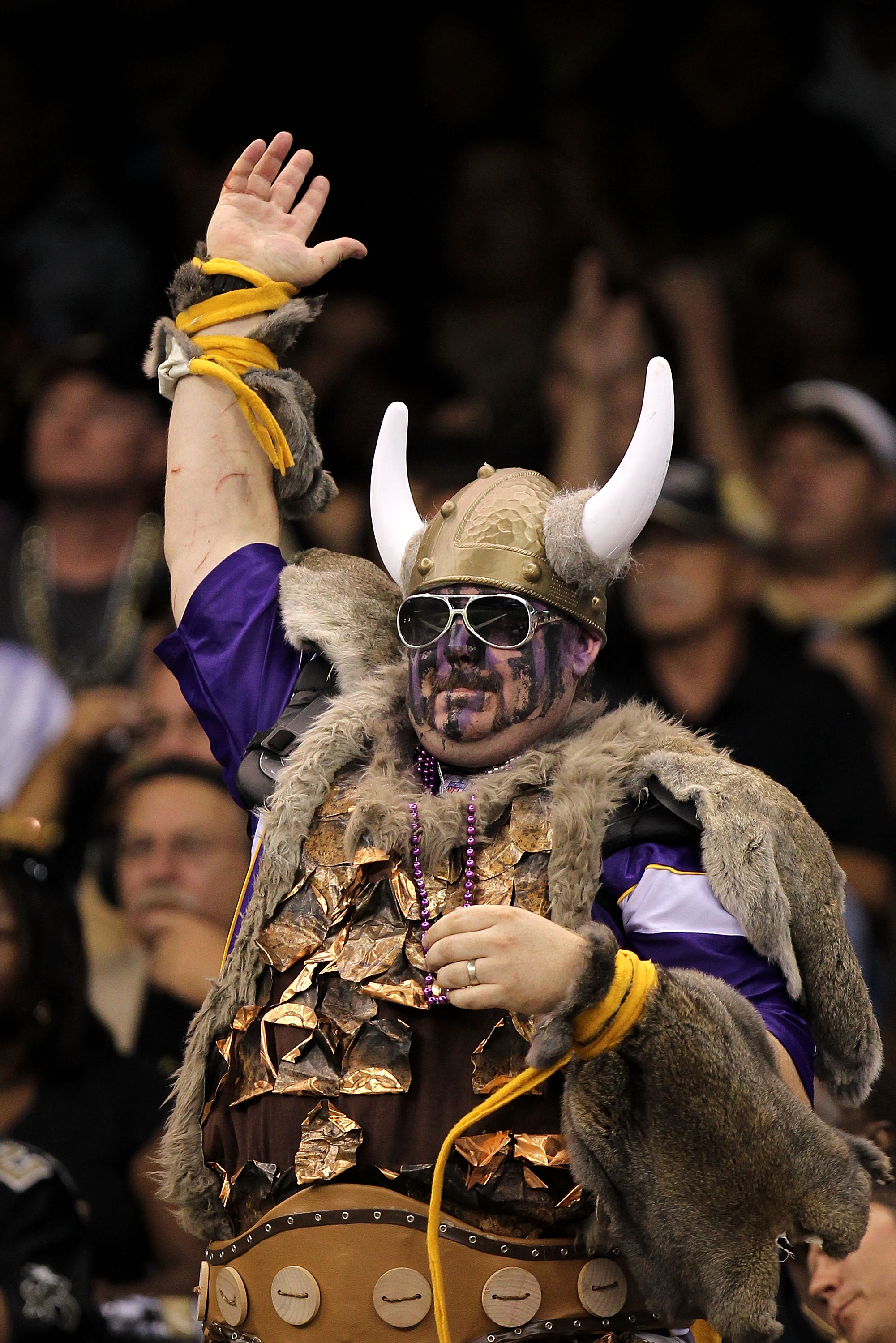 NEW ORLEANS - SEPTEMBER 09:  A fan of the Minnesota Vikings supports his team against the New Orleans Saints at Louisiana Superdome on September 9, 2010 in New Orleans, Louisiana.  (Photo by Ronald Martinez/Getty Images)