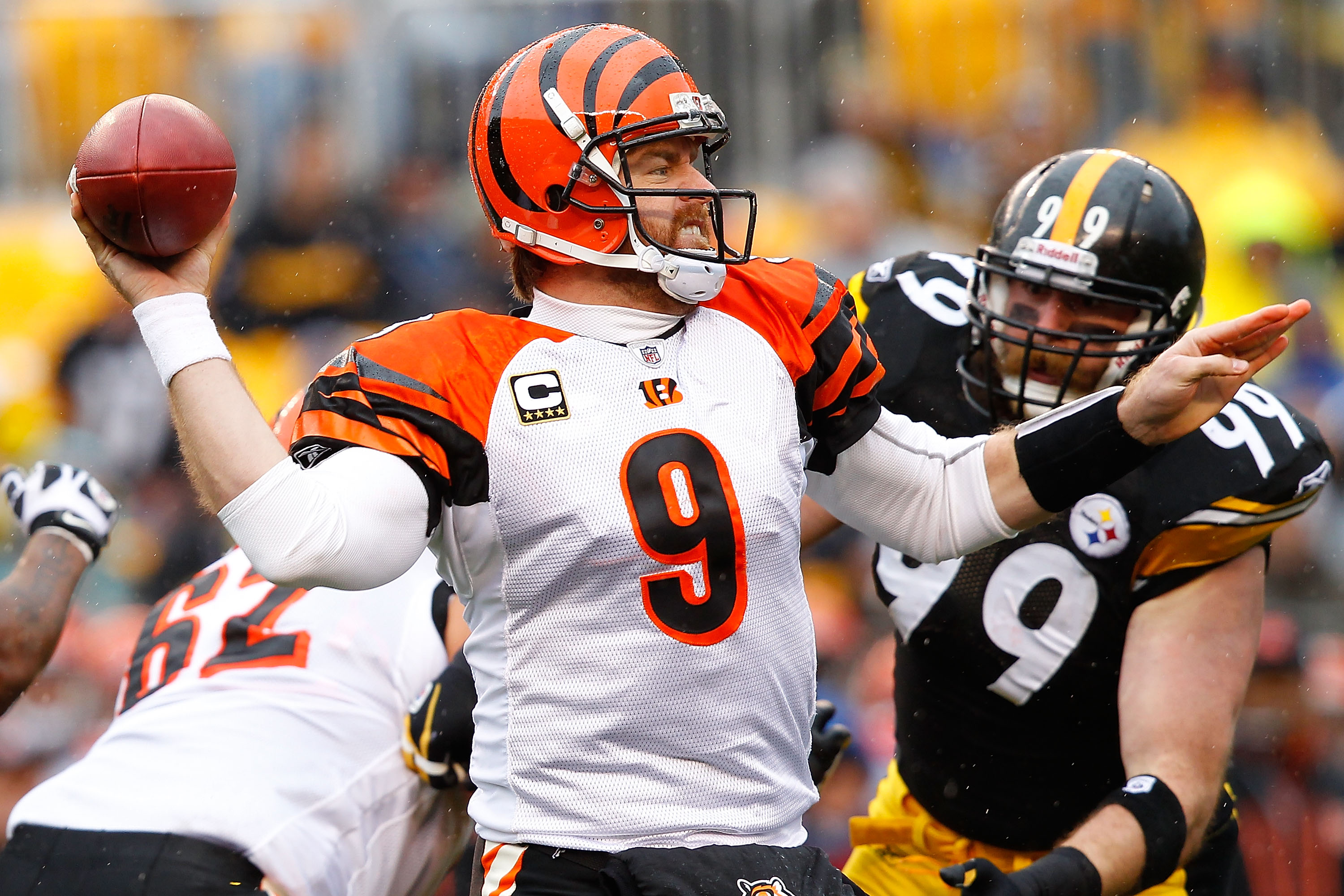 PITTSBURGH - DECEMBER 12: Carson Palmer #9 of the Cincinnati Bengals drops back to pass against the Pittsburgh Steelers during the game on December 12, 2010 at Heinz Field in Pittsburgh, Pennsylvania.  (Photo by Jared Wickerham/Getty Images)