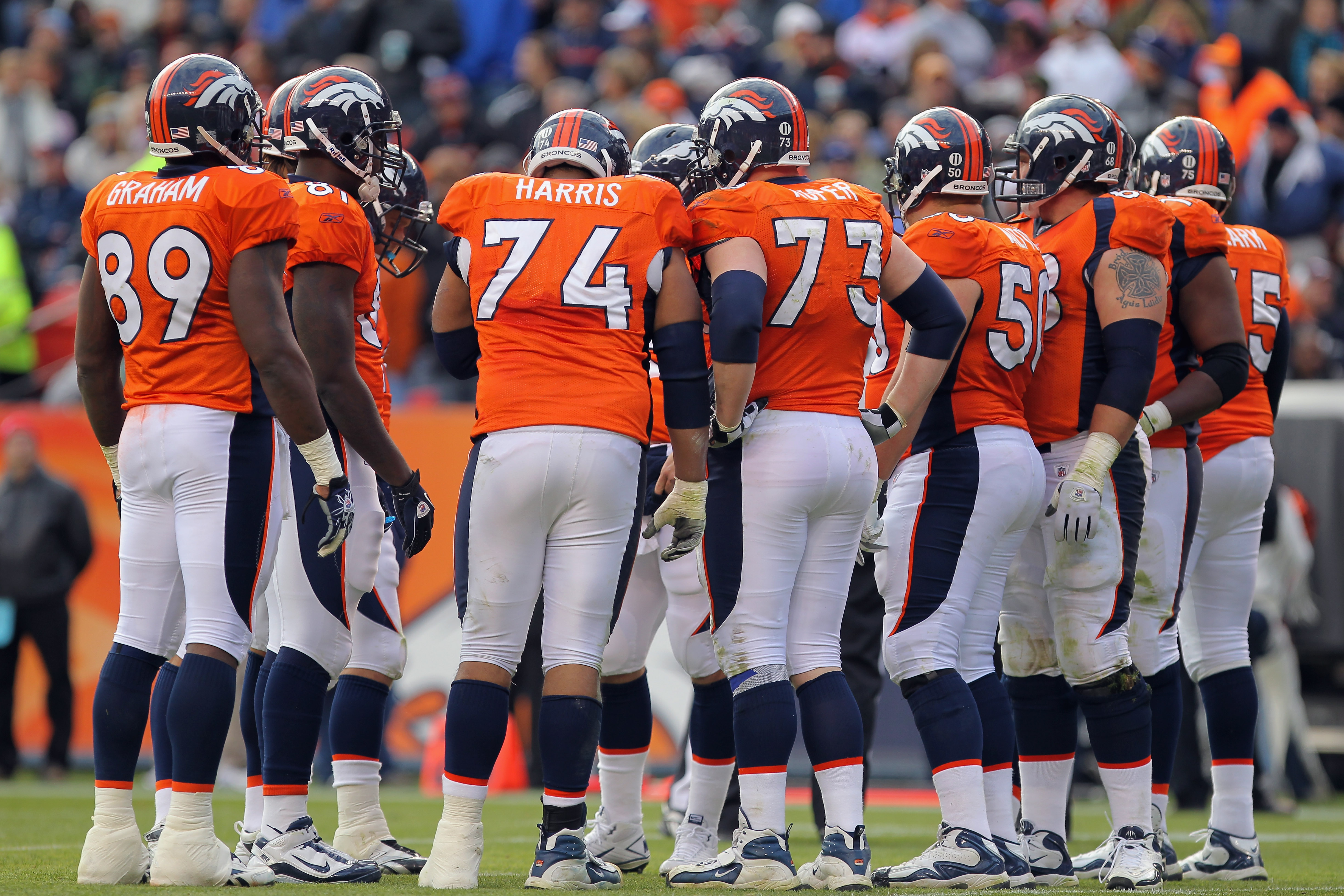 DENVER - NOVEMBER 14:  The Denver Broncos offensive huddles up to face the Kansas City Chiefs at INVESCO Field at Mile High on November 14, 2010 in Denver, Colorado. The Broncos defeated the Chiefs 49-29.  (Photo by Doug Pensinger/Getty Images)