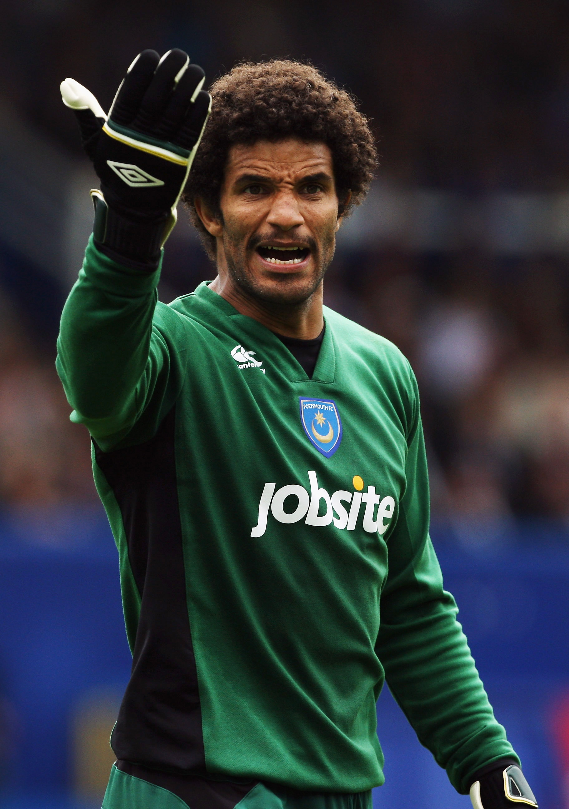 PORTSMOUTH, ENGLAND - AUGUST 15:  David James of Portsmouth instructs his team during the Barclays Premier League match between Portsmouth and Fulham at Fratton Park on August 15, 2009 in Portsmouth, England.  (Photo by Bryn Lennon/Getty Images)