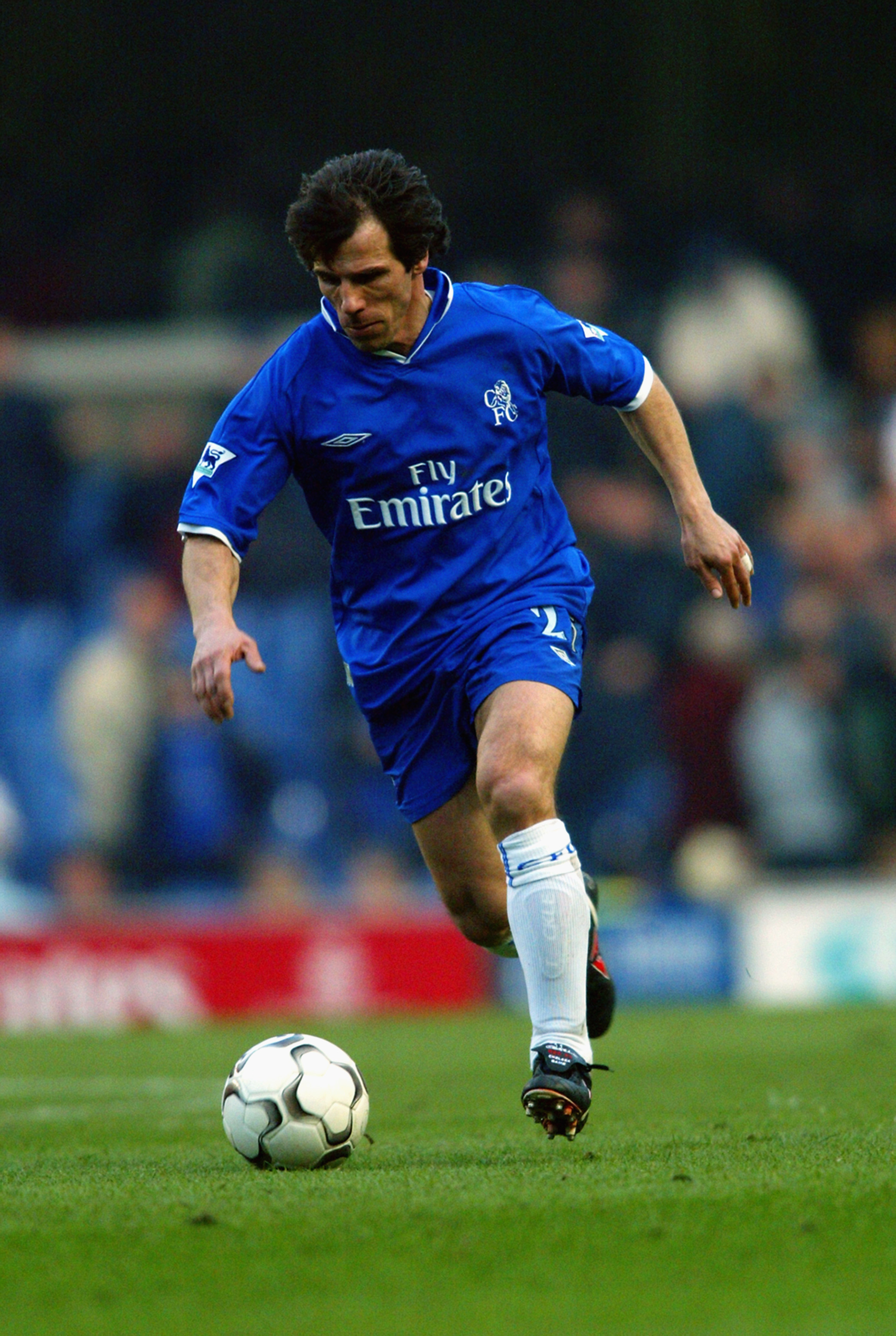 LONDON - FEBRUARY 22:  Gianfranco Zola of Chelsea runs with the ball during the FA Barclaycard Premiership match between Chelsea and Blackburn Rovers held on February 22, 2003 at Stamford Bridge, in London. Blackburn Rovers won the match 2-1. (Photo by Be