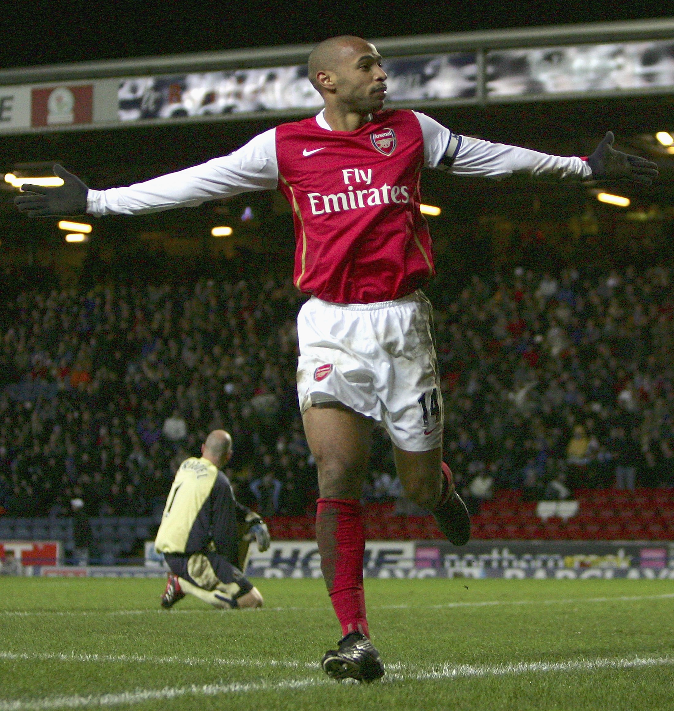 BLACKBURN, UNITED KINGDOM - JANUARY 13: Thierry Henry of Arsenal celebrates scoring his team's second goal during the Barclays Premiership match between Blackburn Rovers and Arsenal at Ewood Park on January 13, 2007 in Blackburn, England. (Photo by Lauren