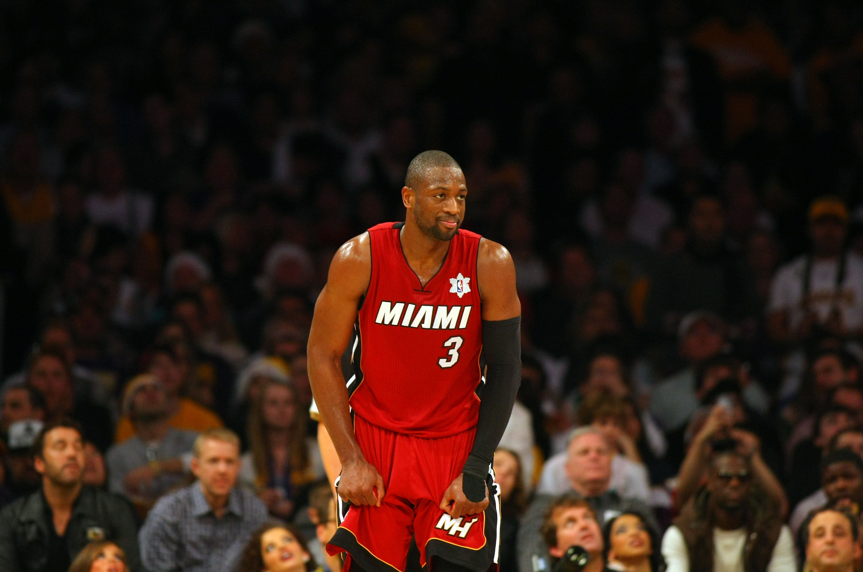 LOS ANGELES, CA - DECEMBER 25: Dwyane Wade #3 of the Miami Heat reacts after being called for a foul during the NBA game against the Los Angeles Lakers at Staples Center on December 25, 2010 in Los Angeles, California. The Heat defeated the Lakers 96-80.