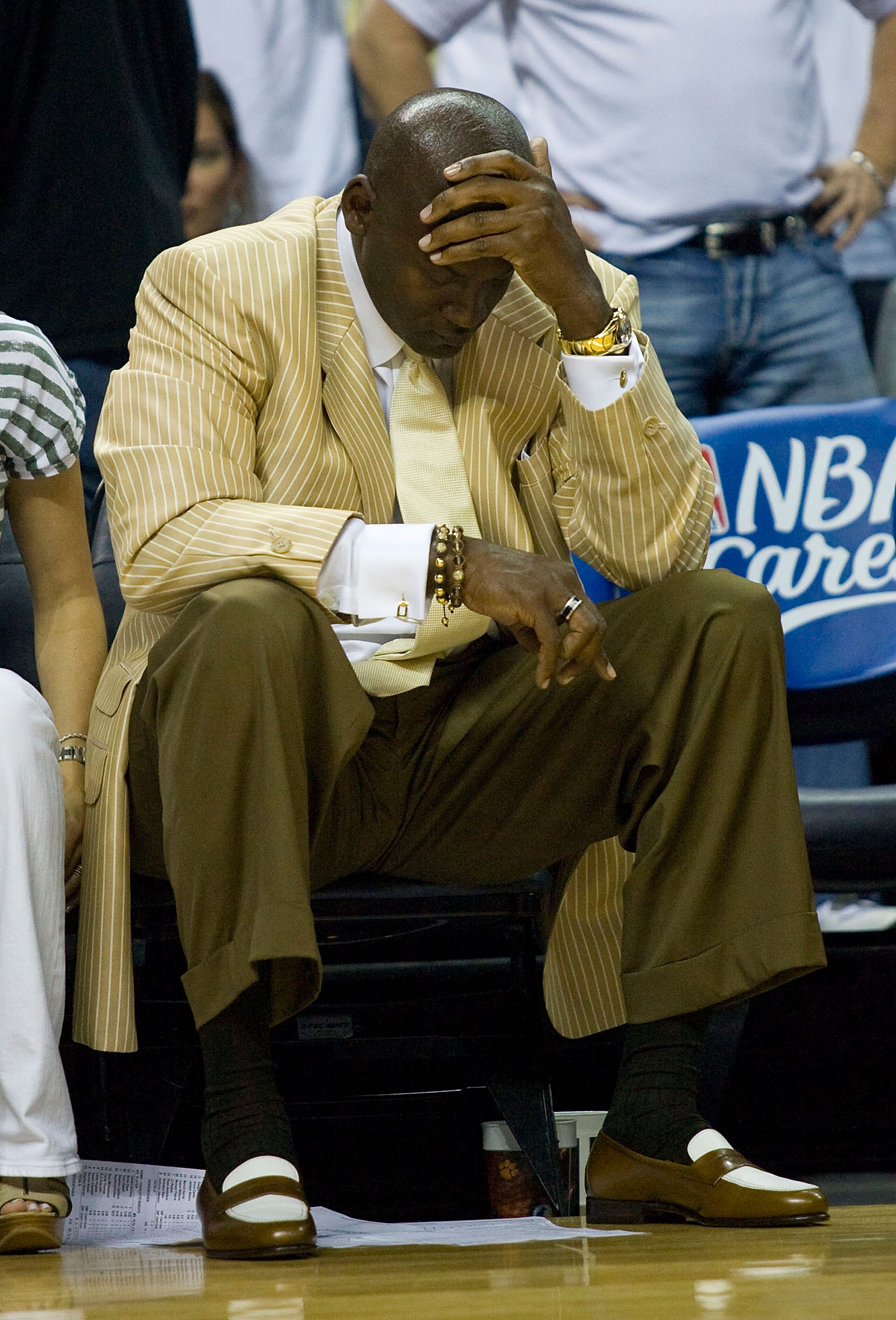 CHARLOTTE, NC - APRIL 26:  Charlotte Bobcats principal owner Michael Jordan reacts as time winds down against the Orlando Magic in Game Four of the Eastern Conference Quarterfinals during the 2010 NBA Playoffs at Time Warner Cable Arena on April 26, 2010