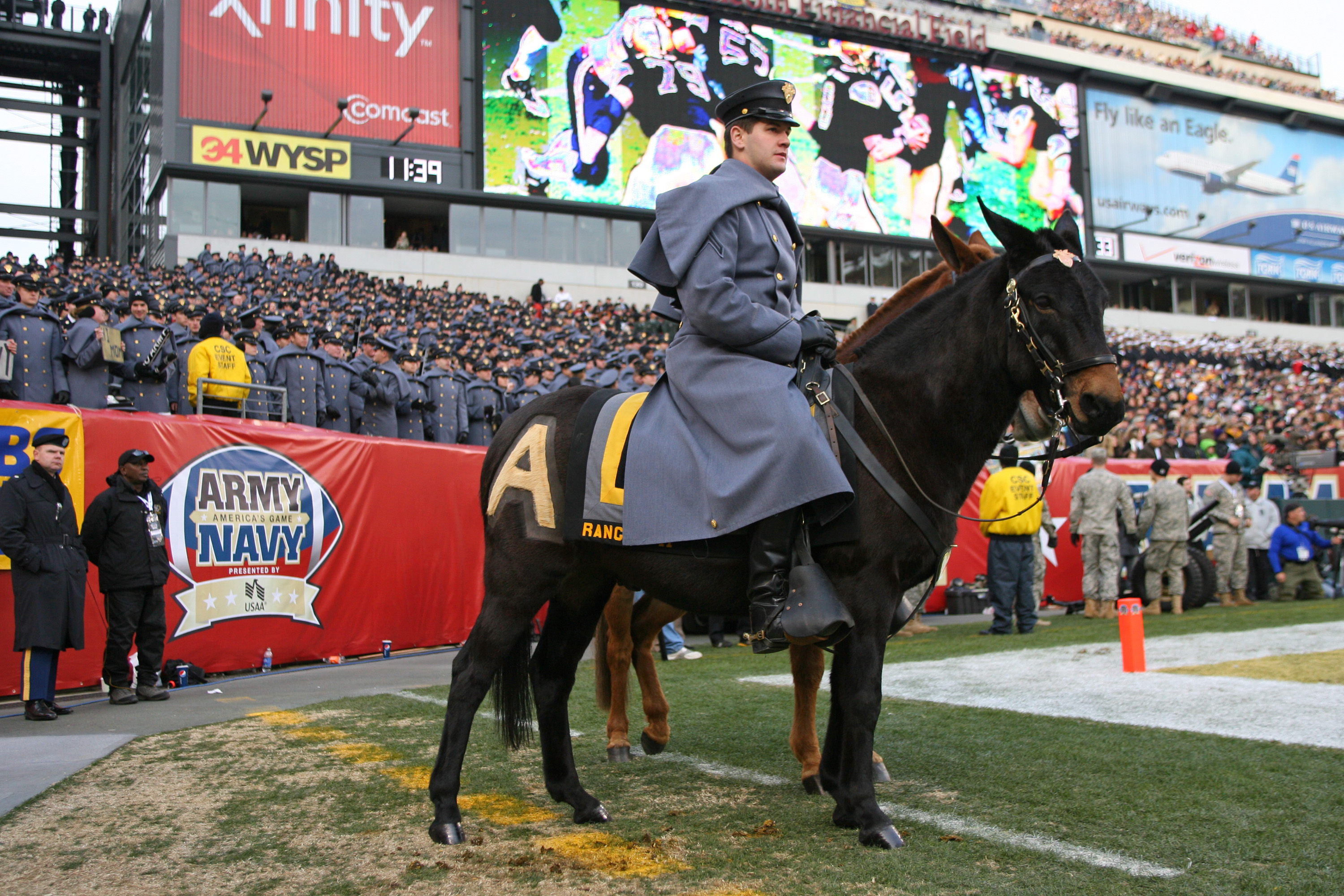 PHILADELPHIA - DECEMBER 11: An Army cadet sits on the Army mule during a game against the Navy Midshipmen on December 11, 2010 at Lincoln Financial Field in Philadelphia, Pennsylvania. The Midshipmen won 31-17. (Photo by Hunter Martin/Getty Images)