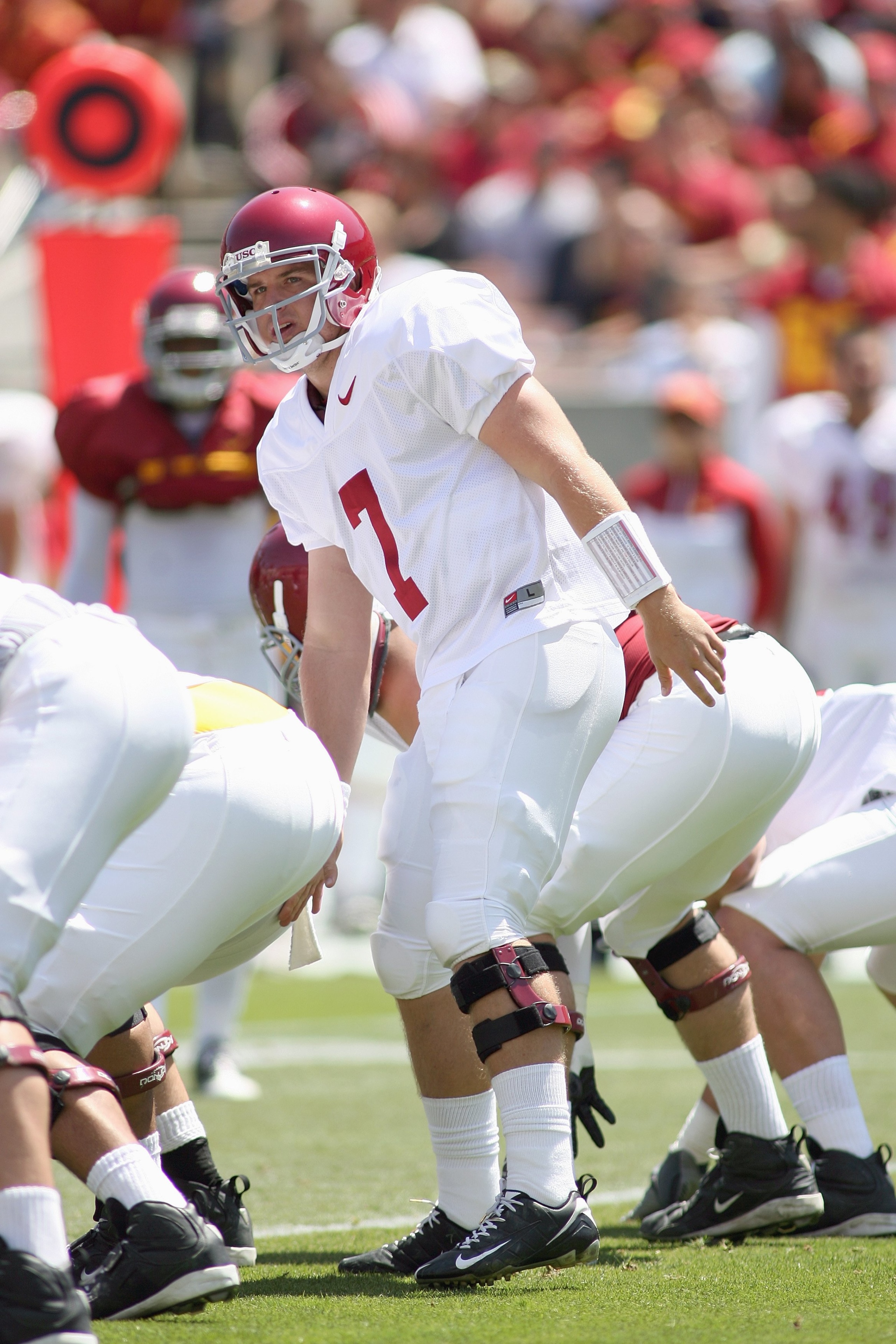 LOS ANGELES, CA - APRIL 25: Quarterback Matt Barkley #7 of the USC Trojans at the line of scrimmage during the spring game on April 25, 2009 at the Los Angeles Memorial Coliseum in Los Angeles, California. The cardinal team won 16-10. (Photo by Jeff Gol LOS ANGELES, CA - APRIL 25: Quarterback Matt Barkley #7 of the USC Trojans at the line of scrimmage during the spring game on April 25, 2009 at the Los Angeles Memorial Coliseum in Los Angeles, California. The cardinal team won 16-10. (Photo by Jeff Gol