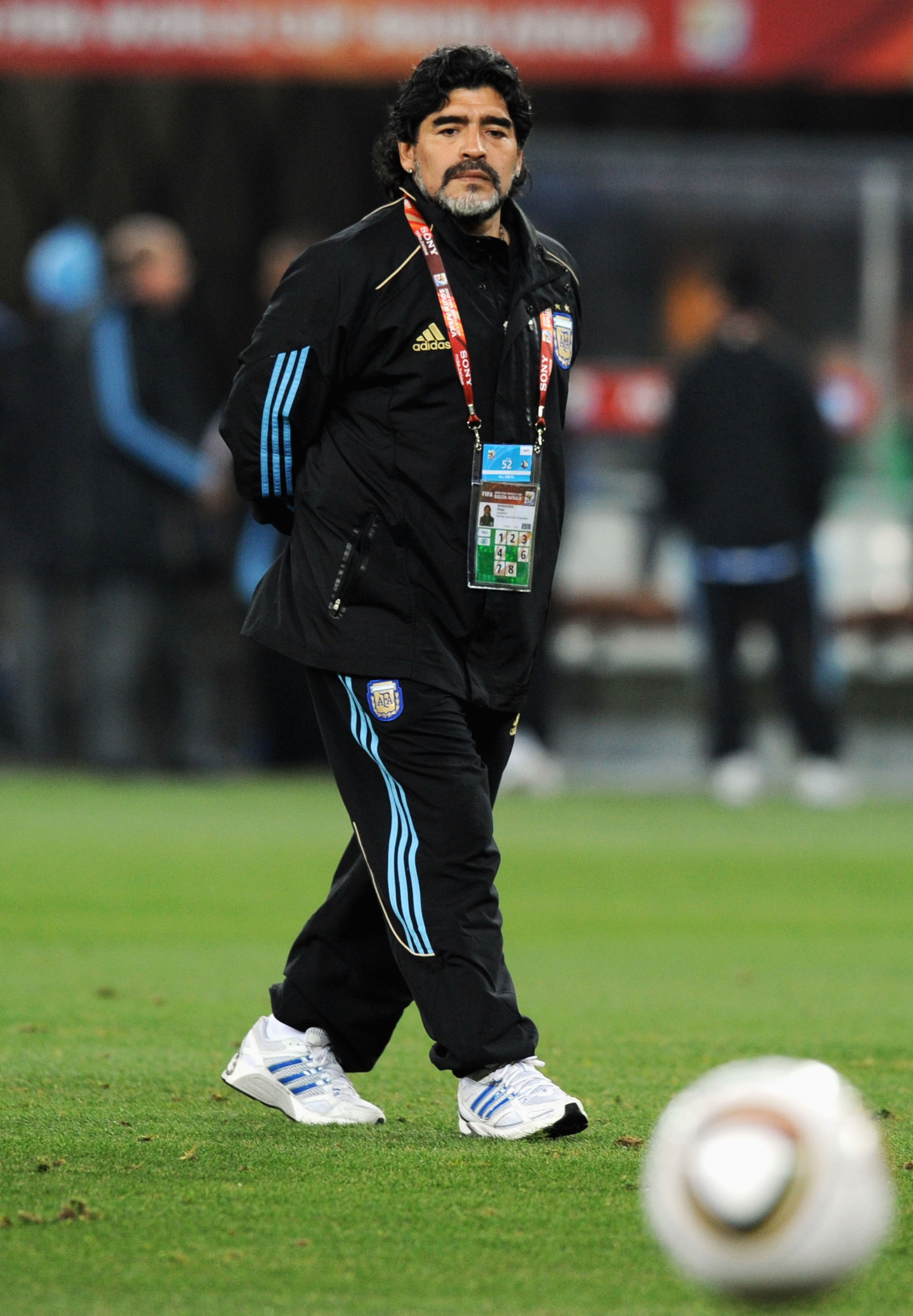JOHANNESBURG, SOUTH AFRICA - JUNE 27:  Diego Maradona head coach of Argentina looks on during the warm up ahead of the 2010 FIFA World Cup South Africa Round of Sixteen match between Argentina and Mexico at Soccer City Stadium on June 27, 2010 in Johannes