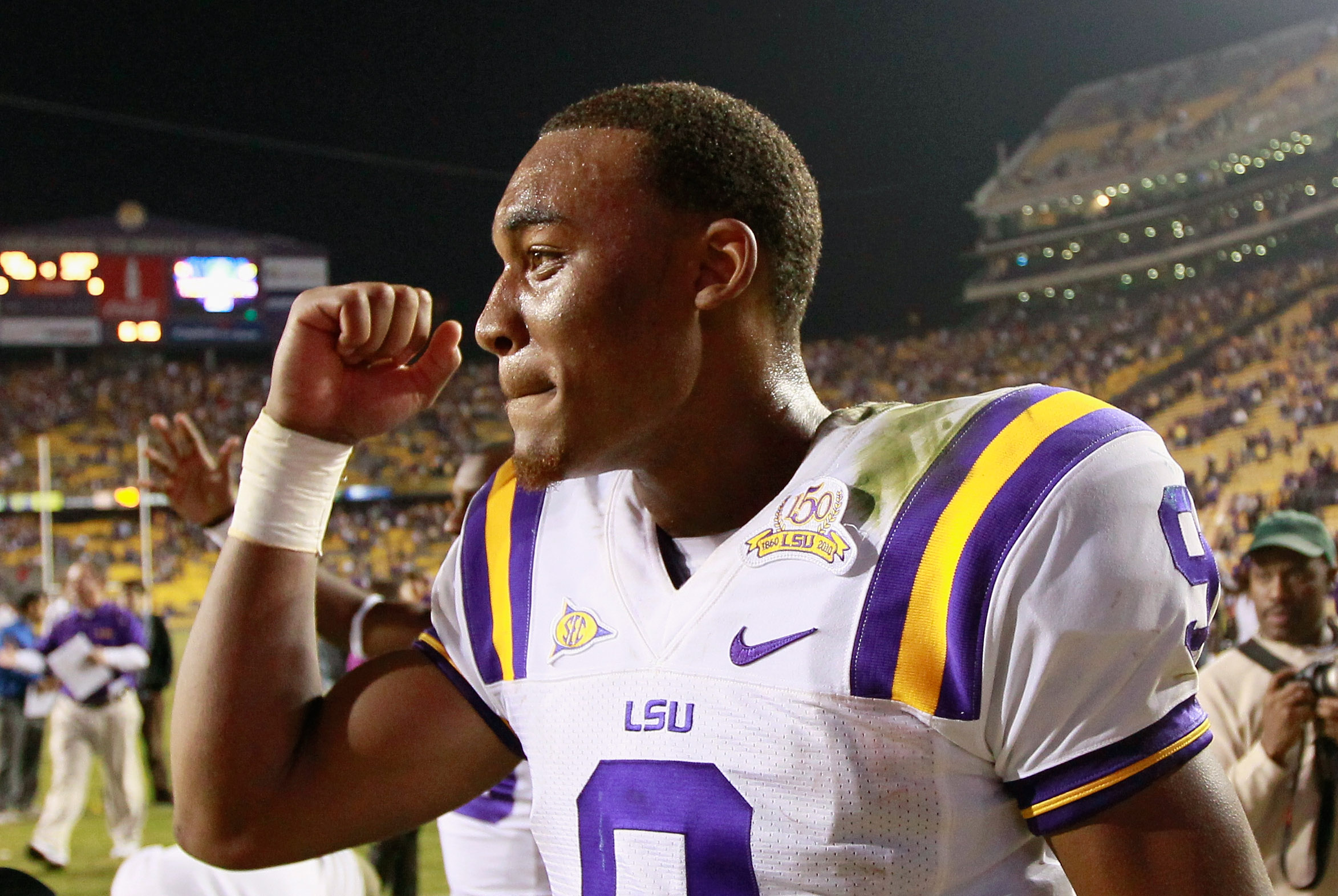 BATON ROUGE, LA - NOVEMBER 20:  Quarterback Jordan Jefferson #9 of the Louisiana State University Tigers reacts after their 43-36 win over the Ole Miss Rebels at Tiger Stadium on November 20, 2010 in Baton Rouge, Louisiana.  (Photo by Kevin C. Cox/Getty I