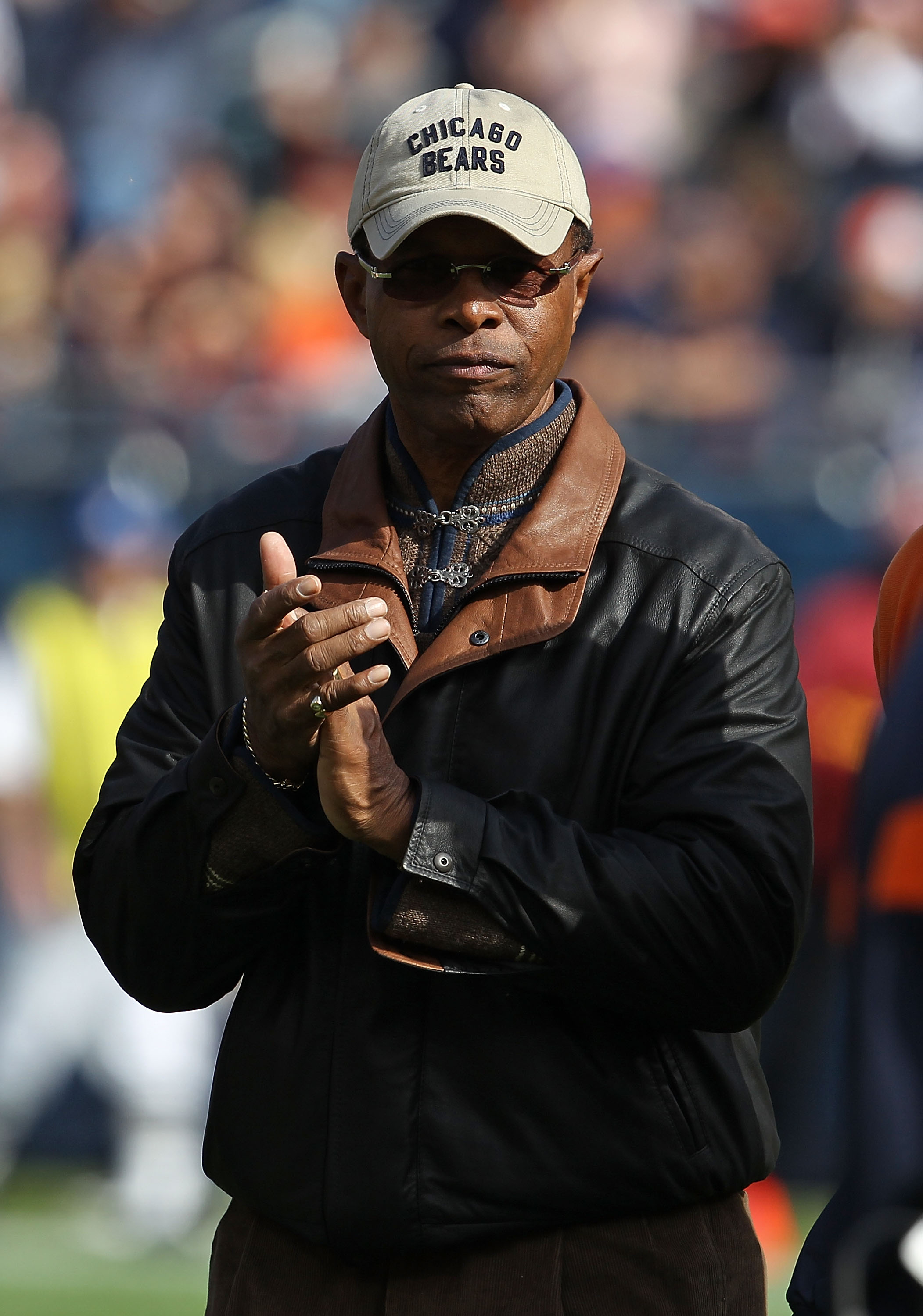 CHICAGO - OCTOBER 24: Former player Gayle Sayers of the Chicago Bears is introducted to the crowd before a game against the Washington Redskins at Soldier Field on October 24, 2010 in Chicago, Illinois. (Photo by Jonathan Daniel/Getty Images)