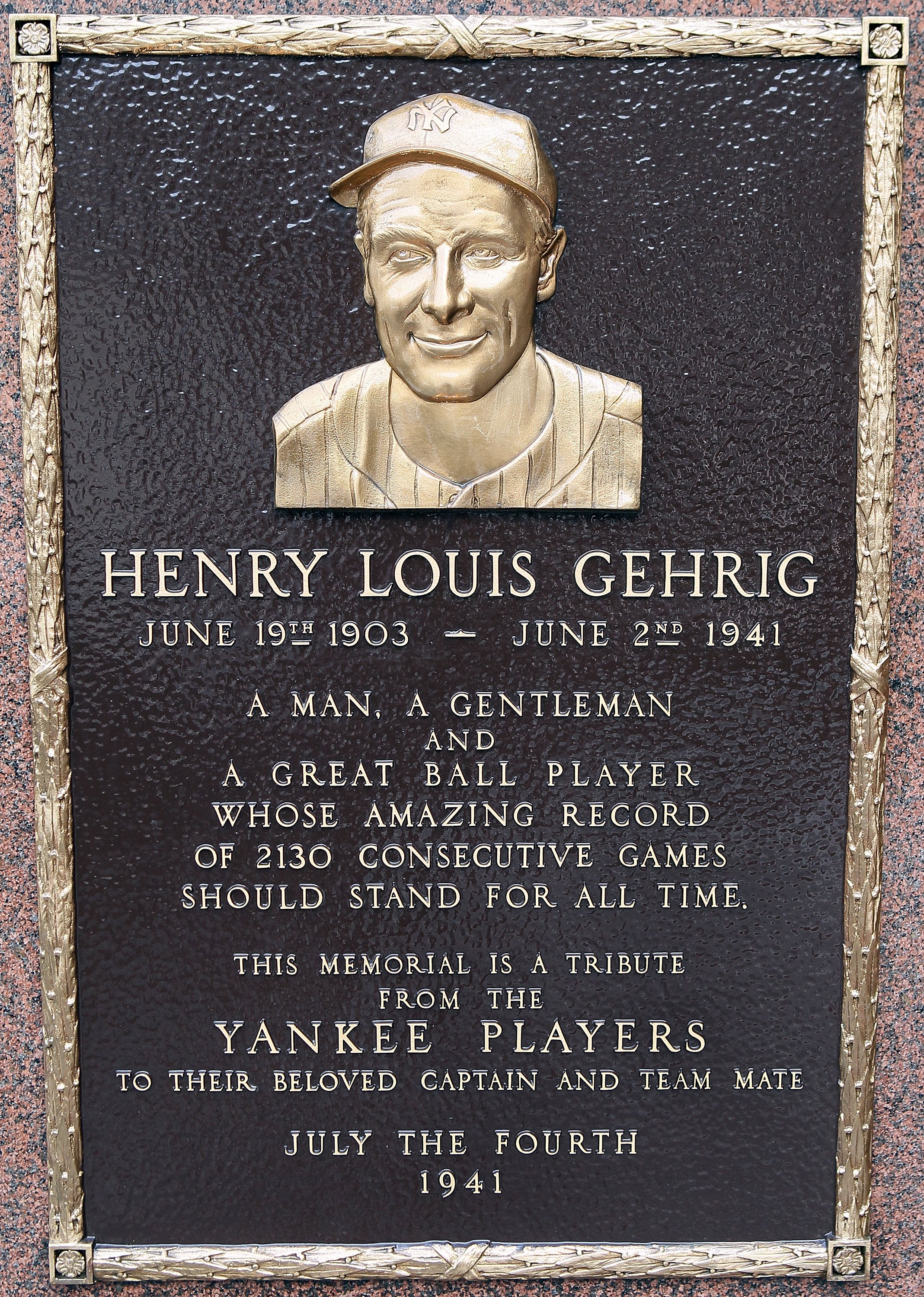 NEW YORK - MAY 02:  The plaque of Lou Gehrig is seen in Monument Park at Yankee Stadium prior to game between the New York Yankees and the Chicago White Sox on May 2, 2010 in the Bronx borough of New York City. The Yankees defeated the White Sox 12-3.  (P