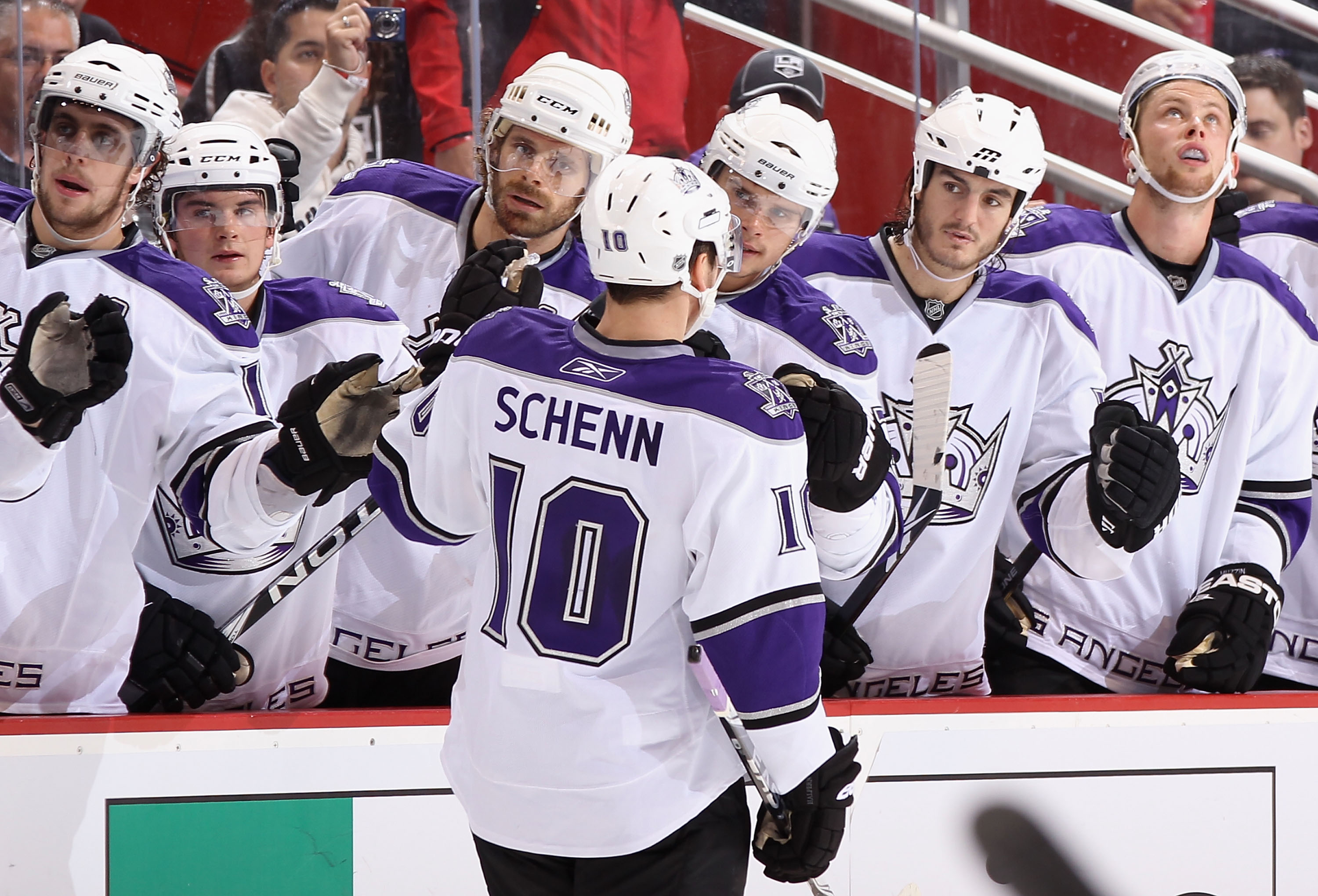 GLENDALE, AZ - OCTOBER 21: Brayden Schenn #10 of the Los Angeles Kings celebrates with teammates on the bench during the NHL game against the Phoenix Coyotes at Jobing.com Arena on October 21, 2010 in Glendale, Arizona. The Coyotes defeated the Kings 4-2