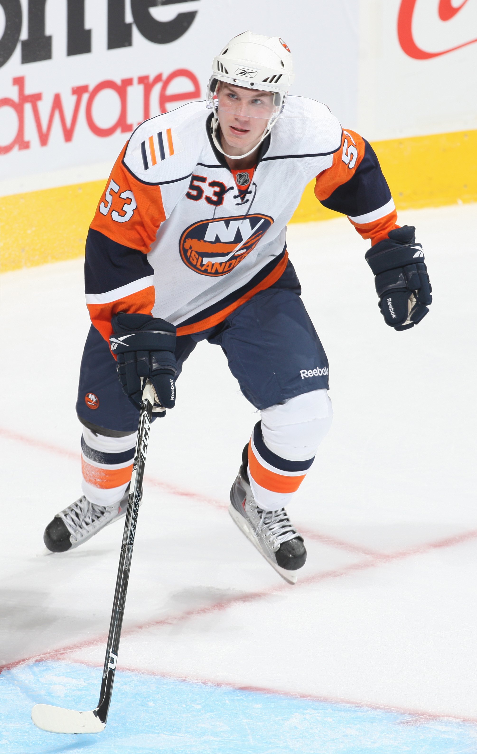 EDMONTON, CANADA - SEPTEMBER 16: Casey Cizikas #53 of the New York Islanders skates against the Edmonton Oilers on September 16, 2009 at Rexall Place in Edmonton, Alberta, Canada. The Oilers won 3-2. (Photo by Dale MacMillan/Getty Images)