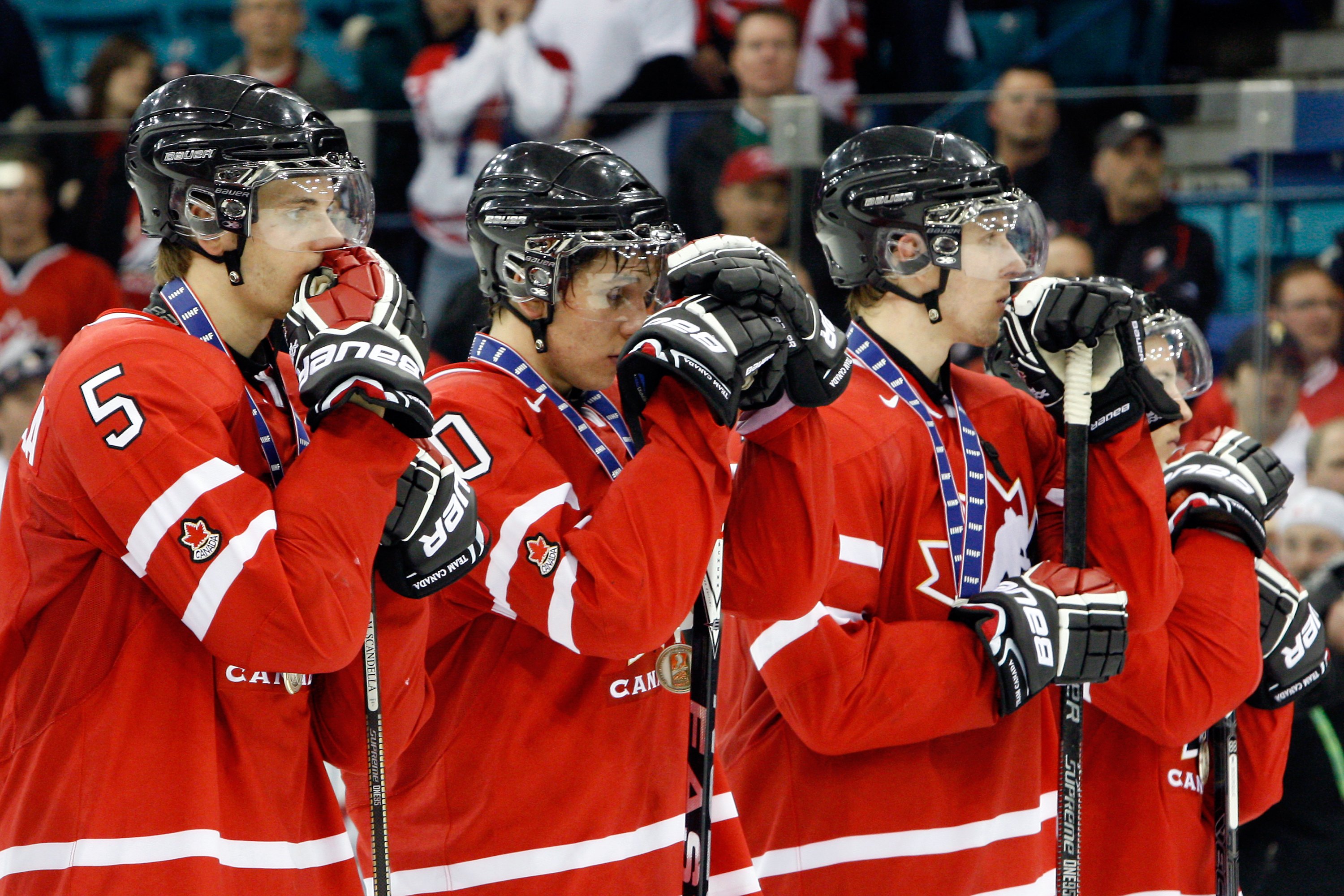 SASKATOON, SK - JANUARY 5: Members of Team Canada stand dejected after being defeated by Team USA at the 2010 IIHF World Junior Championship Tournament Gold Medal game on January 5, 2010 at the Credit Union Centre in Saskatoon, Saskatchewan, Canada. Tea