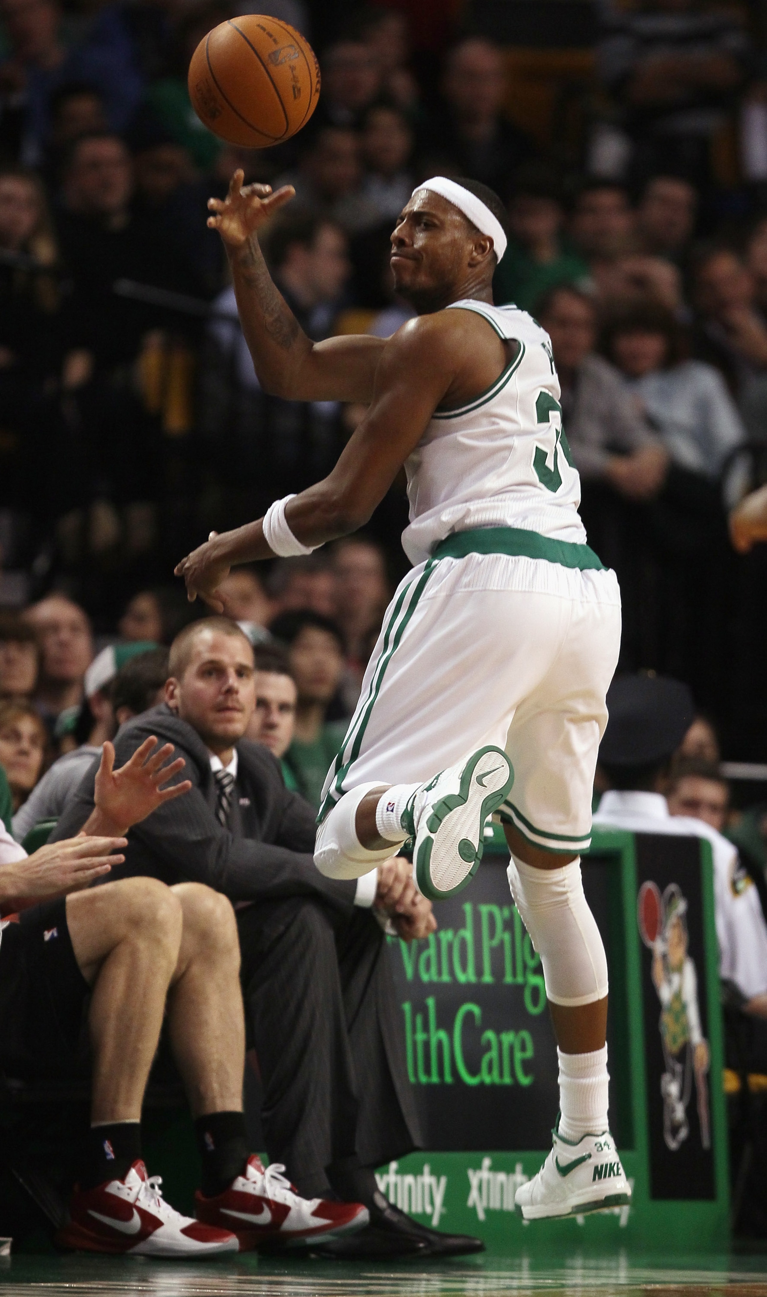 BOSTON - DECEMBER 01:  Paul Pierce #34 of the Boston Celtics keeps the ball in bounds in the fourth quarter against the Portland Trailblazers on December 1, 2010 at the TD Garden in Boston, Massachusetts. The Celtics defeated the Trailblazers 99-95. NOTE