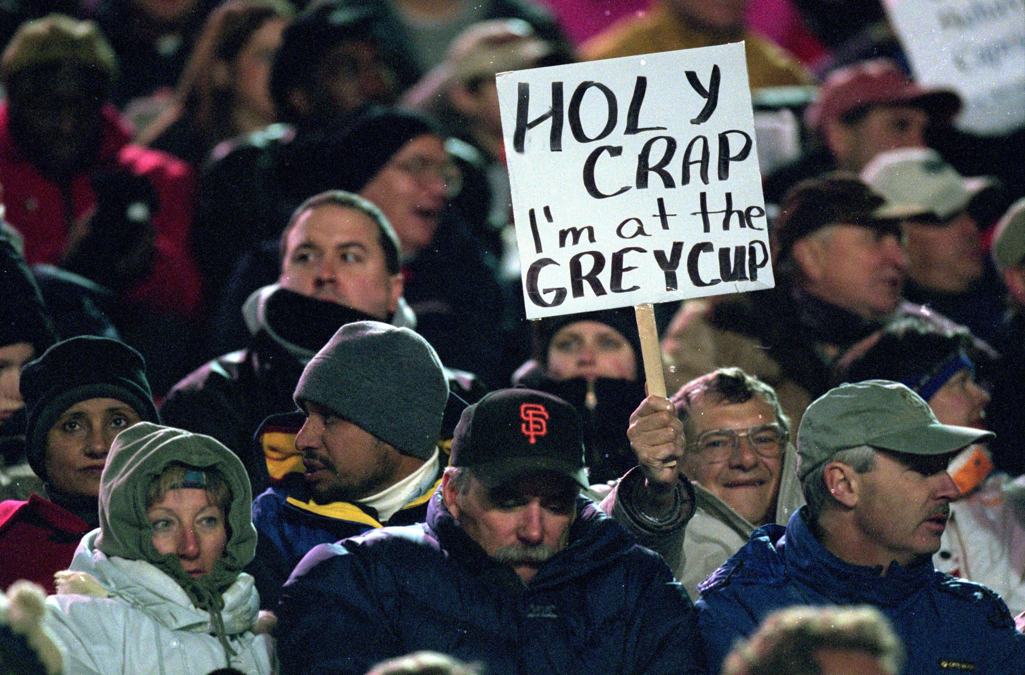 26 Nov 2000: A view of a British Columbia Lions fan holding a funny sign during the Grey Cup 2000 game against the Montreal Alouettes at the McMahon Stadium in Calgary, Alberta, Canada. The Lions defeated the Alouettes 28-26.Mandatory Credit: Craig Klem