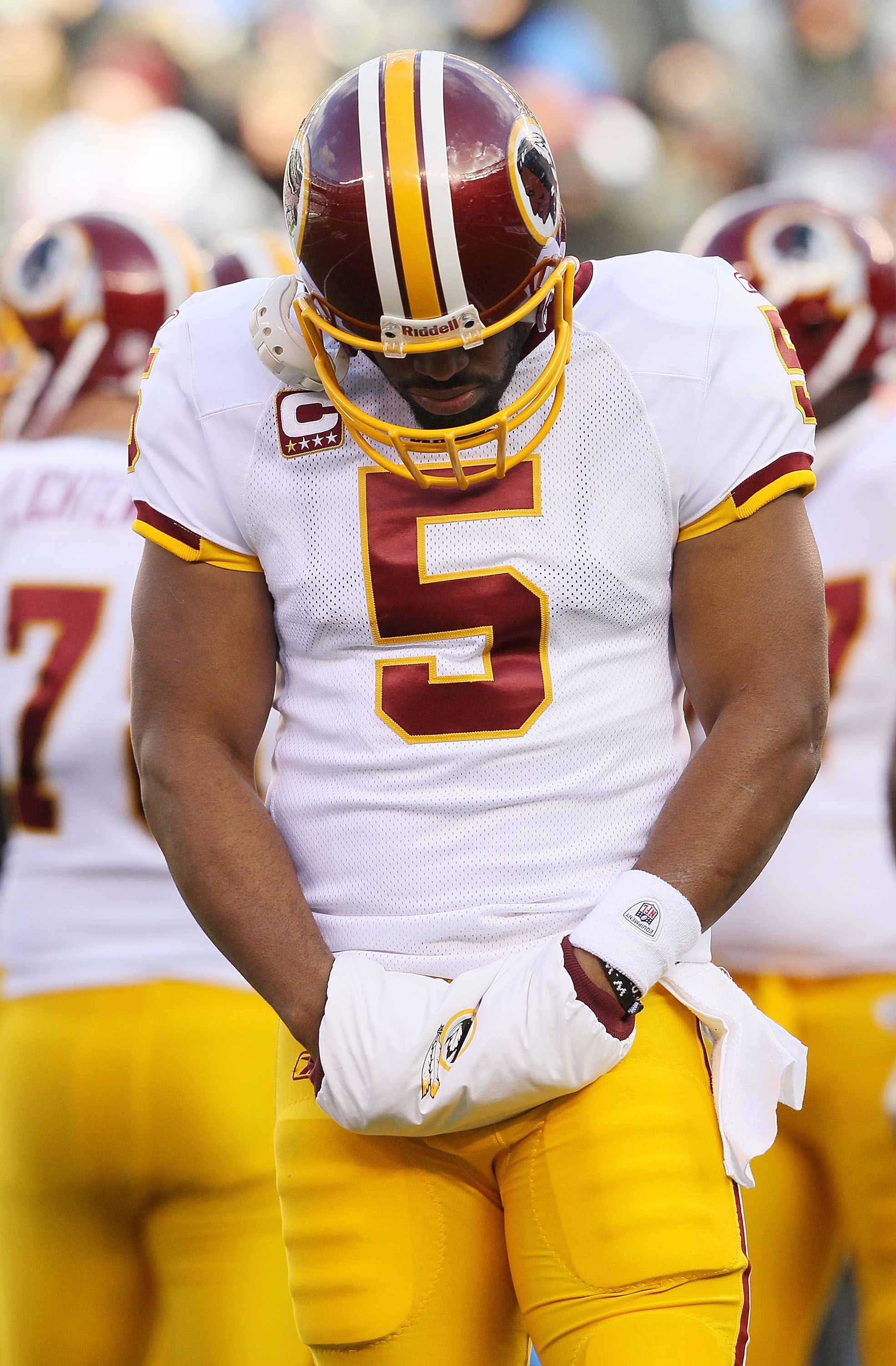 EAST RUTHERFORD, NJ - DECEMBER 05:  Donovan McNabb #5 of the Washington Redskins looks on against the New York Giants on December 5, 2010 at the New Meadowlands Stadium in East Rutherford, New Jersey.  (Photo by Jim McIsaac/Getty Images)